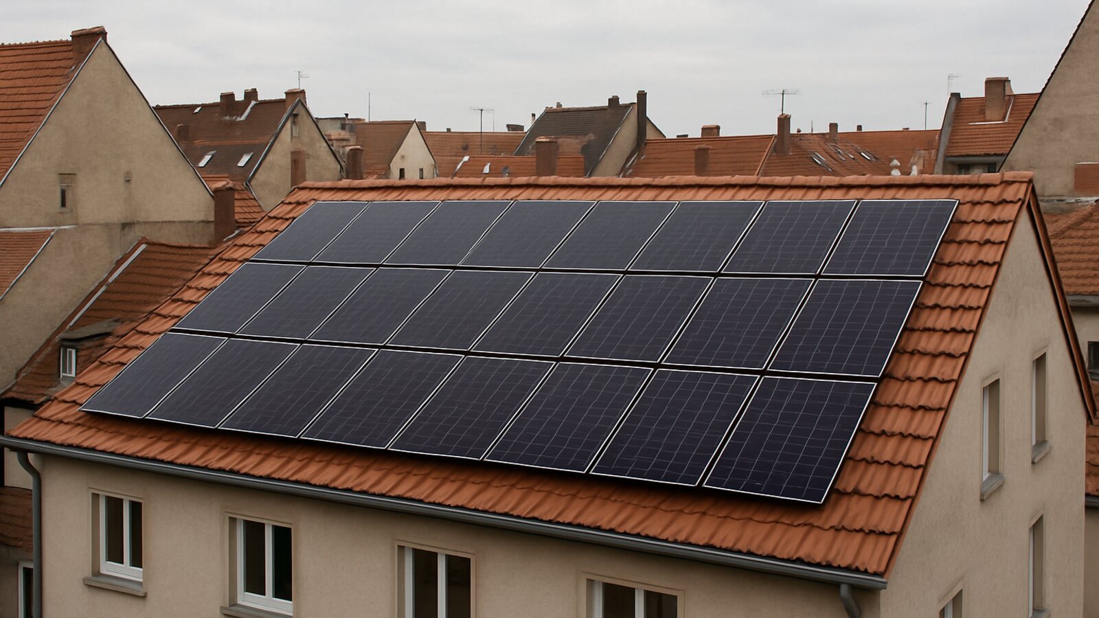 Photovoltaik Recklinghausen: fertige Anlage mit schwarzen Solarmodulen auf dem roten Ziegel-Satteldach eines älteren Stadthauses in der Innenstadt