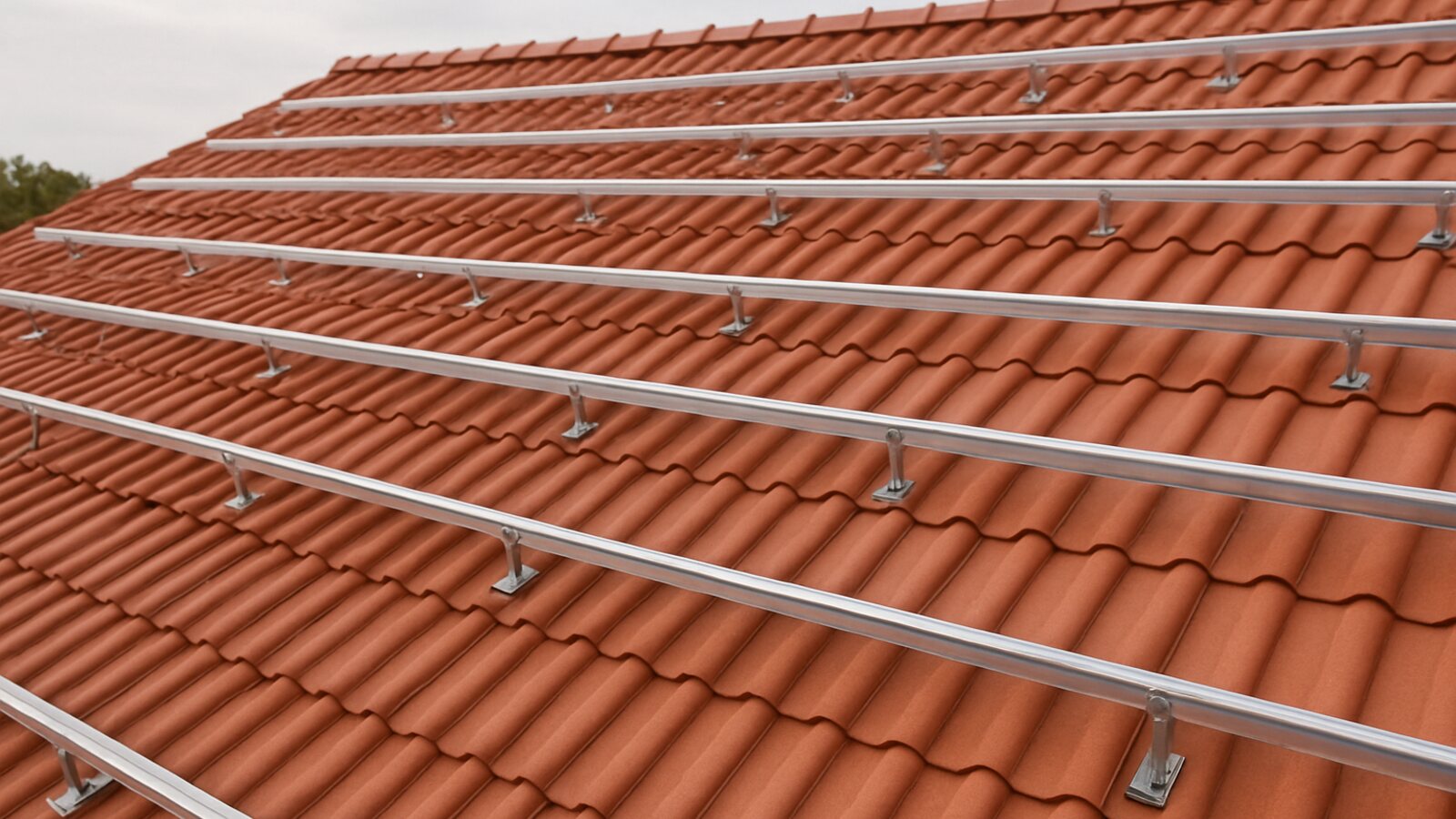 Photovoltaik Recklinghausen: fertig montierte Unterkonstruktion aus Dachhaken und silbernen Aluminium-Montageschienen auf einem roten Ziegeldach vor der Modulmontage