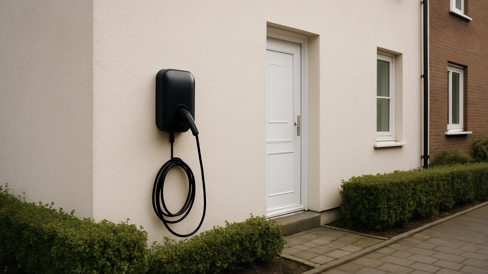 Photovoltaik Recklinghausen: schwarze Wallbox mit Ladekabel an der Putzfassade eines Reihenhauses neben einem kleinen Vorgarten