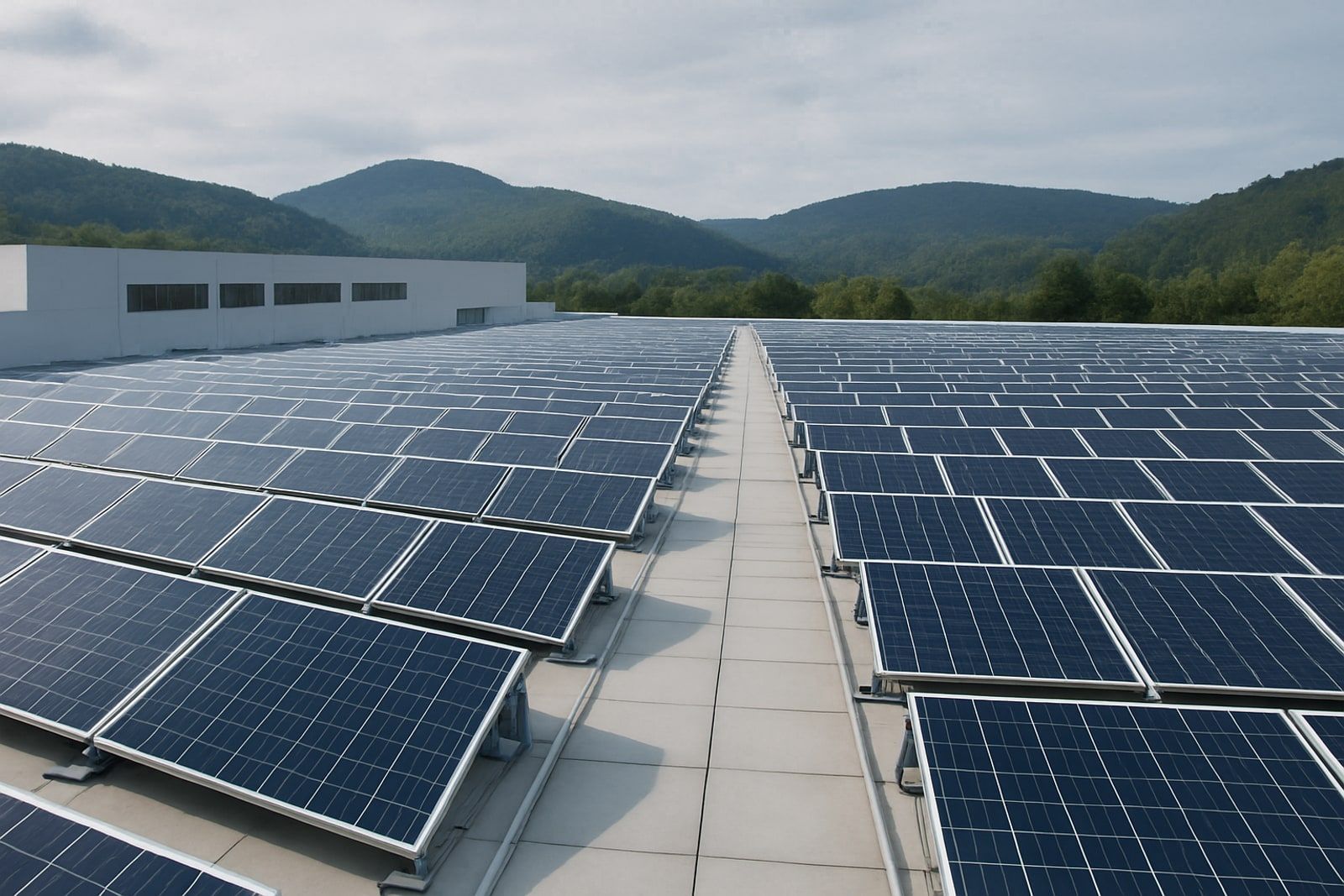 Photovoltaik Remscheid: weites Solarmodulfeld in langen Reihen auf dem Flachdach eines Gewerbegebäudes