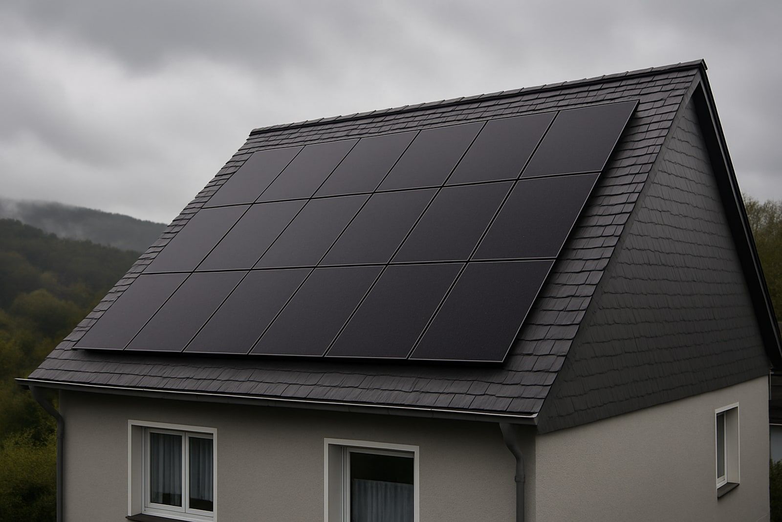Photovoltaik Remscheid: dunkle Solarmodule auf einem steilen Schieferdach eines bergischen Wohnhauses in Höhenlage