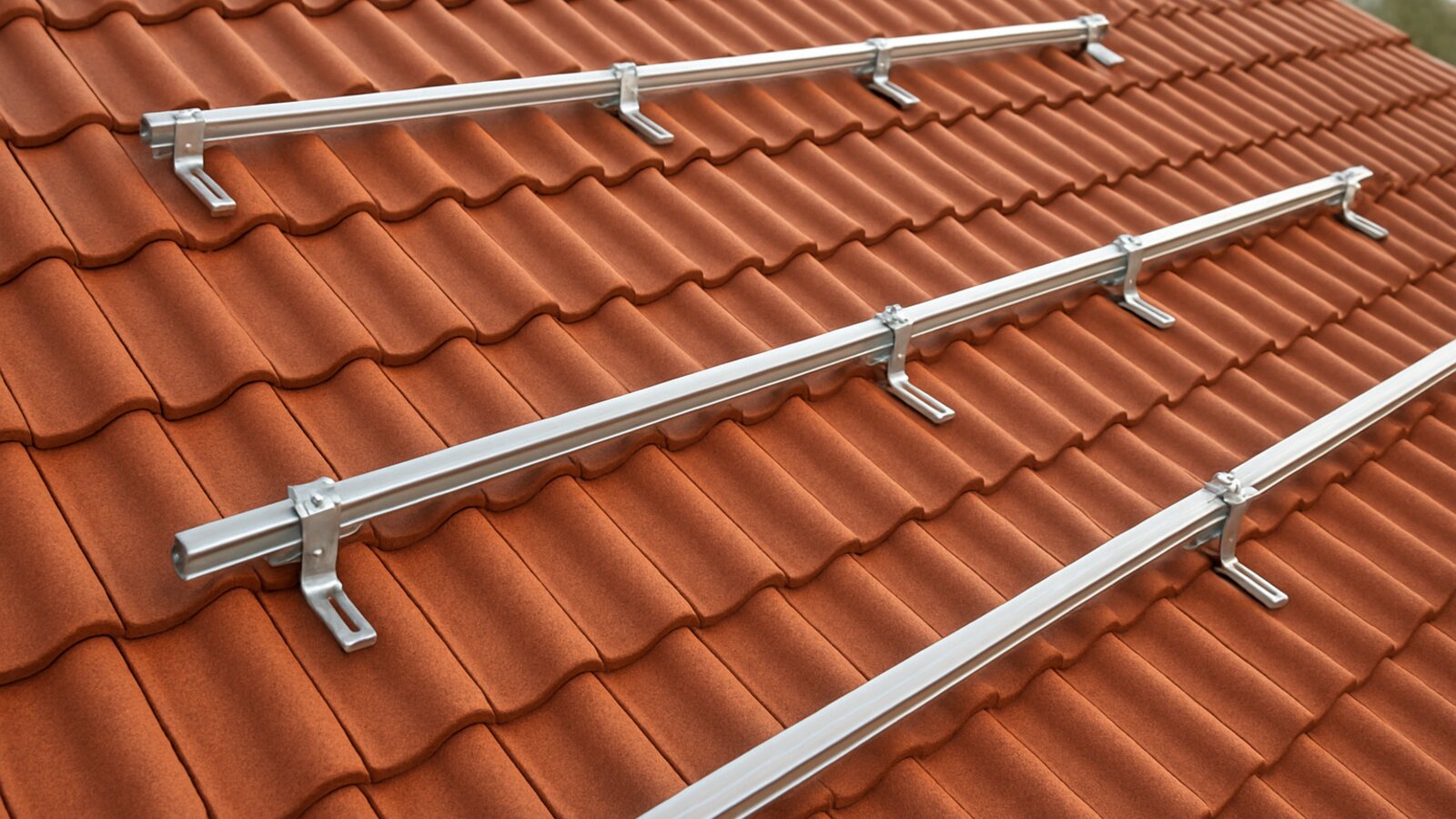 Photovoltaik Schwelm: montierte Dachhaken mit silbernen Aluminium-Montageschienen auf einem roten Ziegeldach vor der Modulmontage