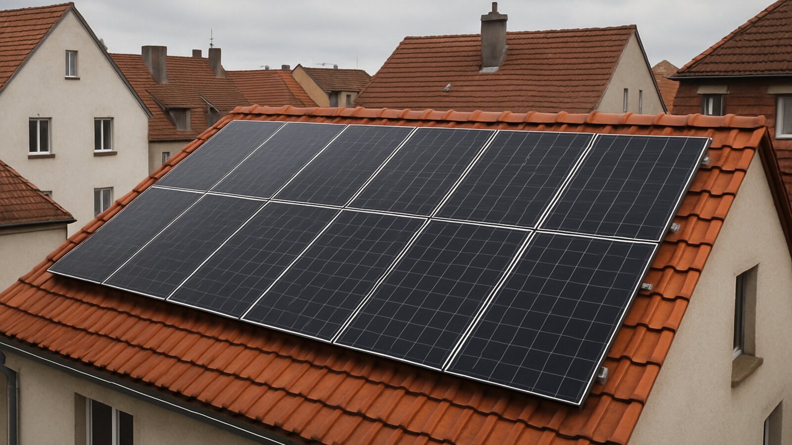 Photovoltaik Schwelm: fertige Anlage mit schwarzen Solarmodulen auf dem roten Ziegel-Satteldach eines älteren Stadthauses in dichter Bebauung