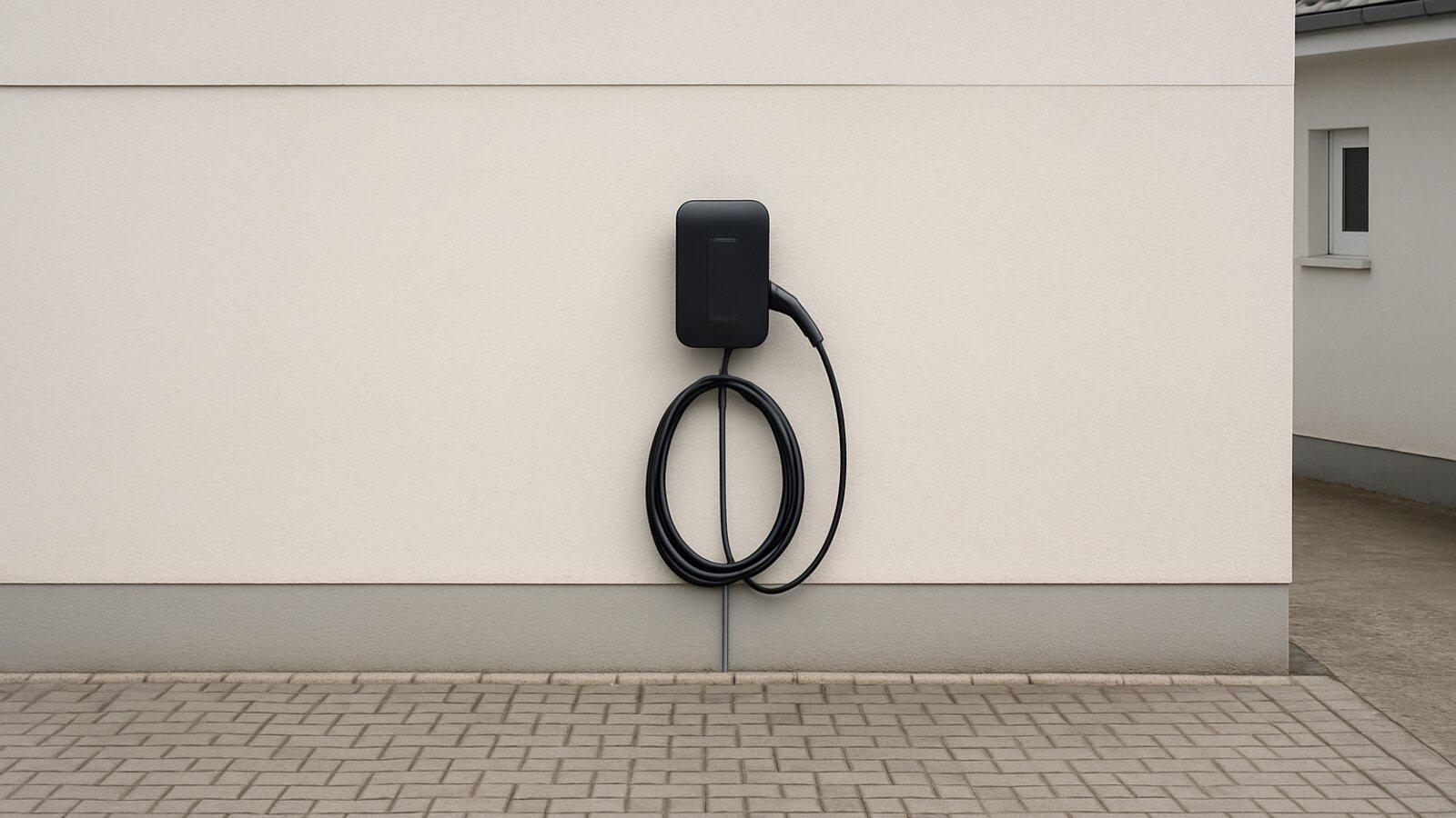 Photovoltaik Schwelm: schwarze Wallbox mit Ladekabel an einer hellen Putzfassade neben einem gepflasterten Stellplatz