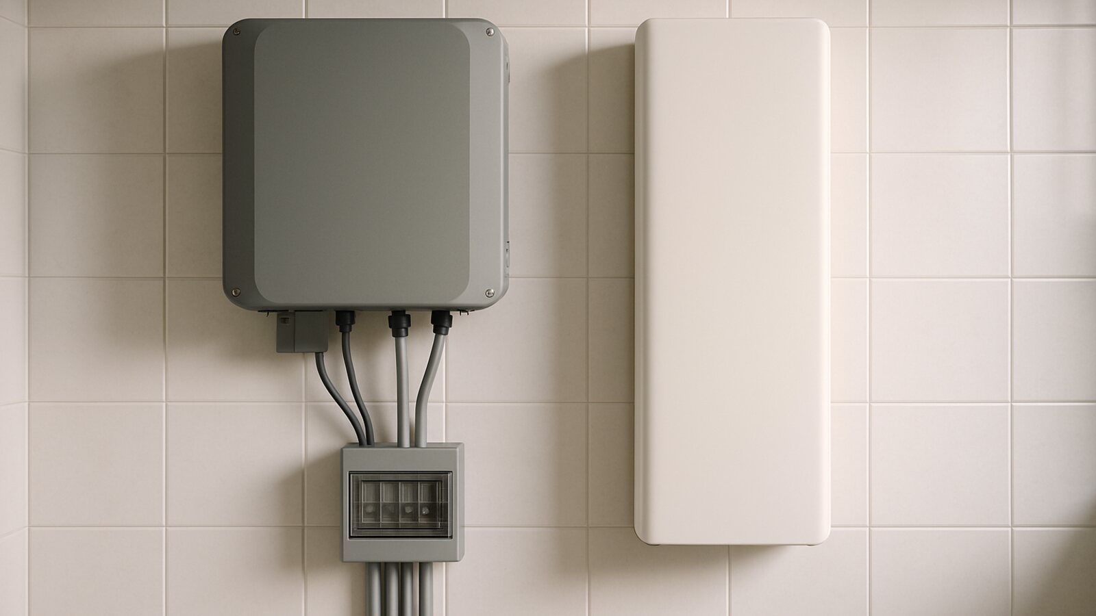 Photovoltaik Schwelm: Wand-Wechselrichter und heller Batteriespeicher mit sauberer Verkabelung in einem Hauswirtschaftsraum