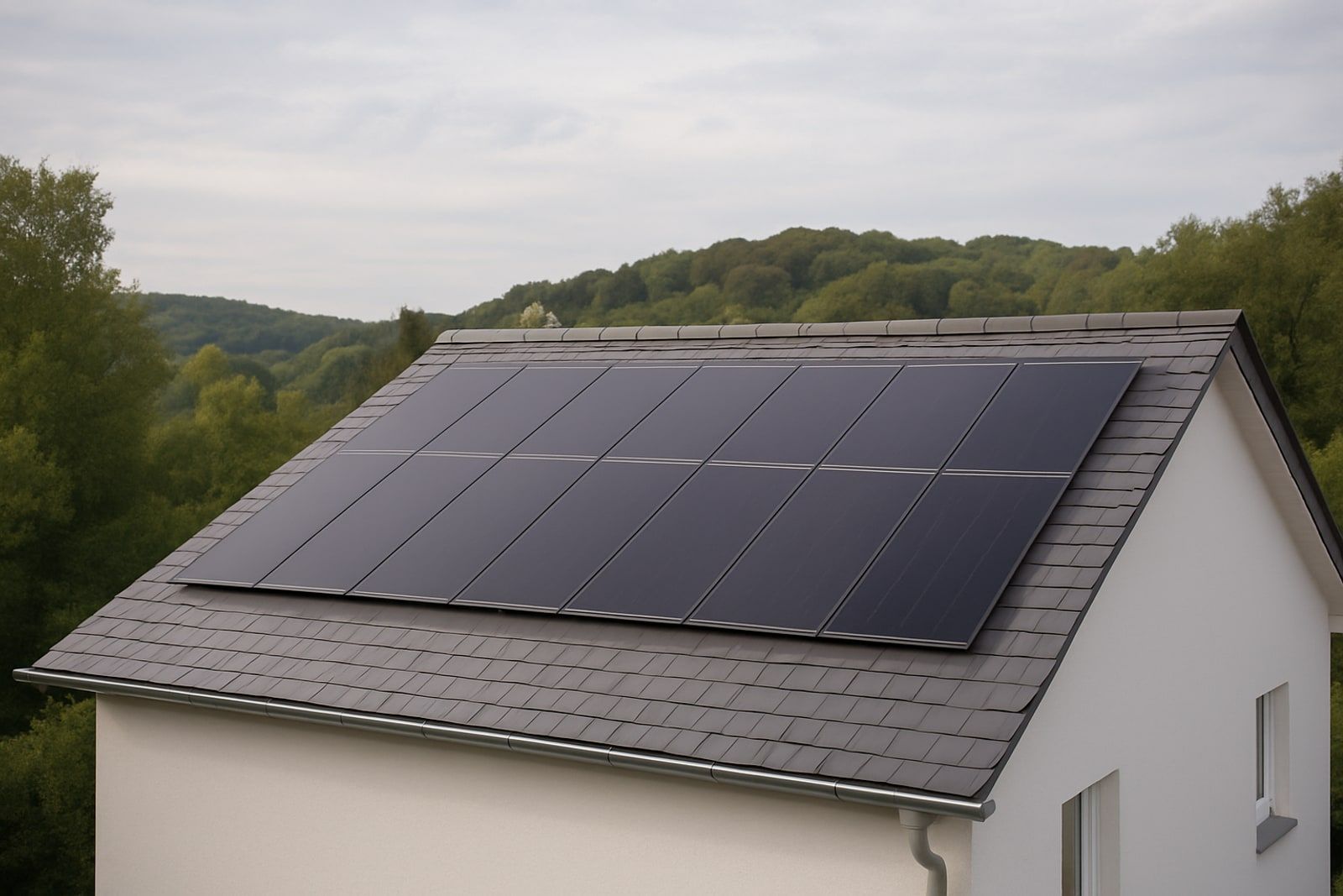Photovoltaik Solingen: fertige Anlage mit dunklen rahmenlosen Solarmodulen in zwei Reihen auf einem grauen Schieferdach vor bergischen Hoehen