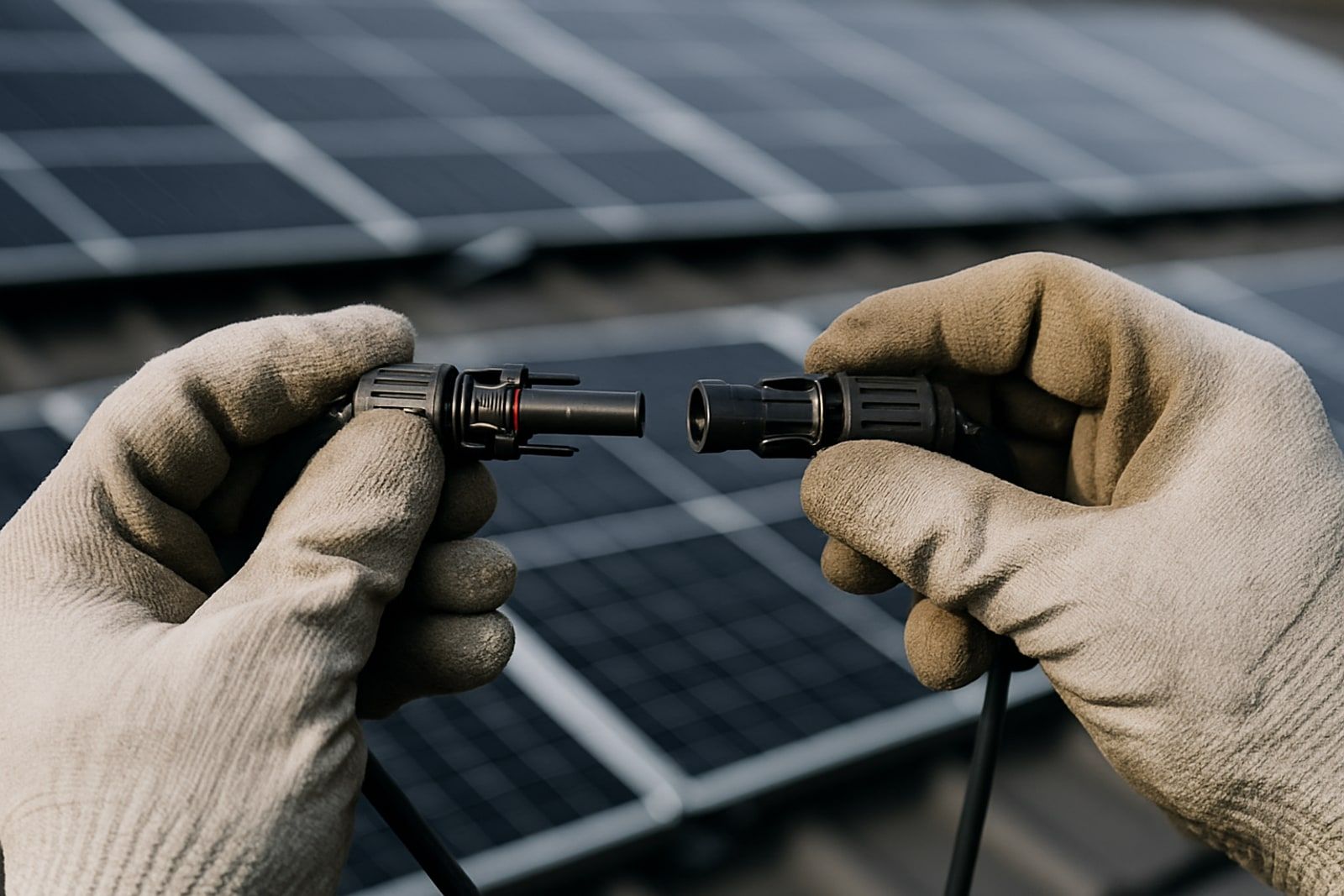 Photovoltaik Solingen: behandschuhte Haende stecken ein schwarzes Solar-Steckverbinderpaar vor dunklen Dachmodulen zusammen