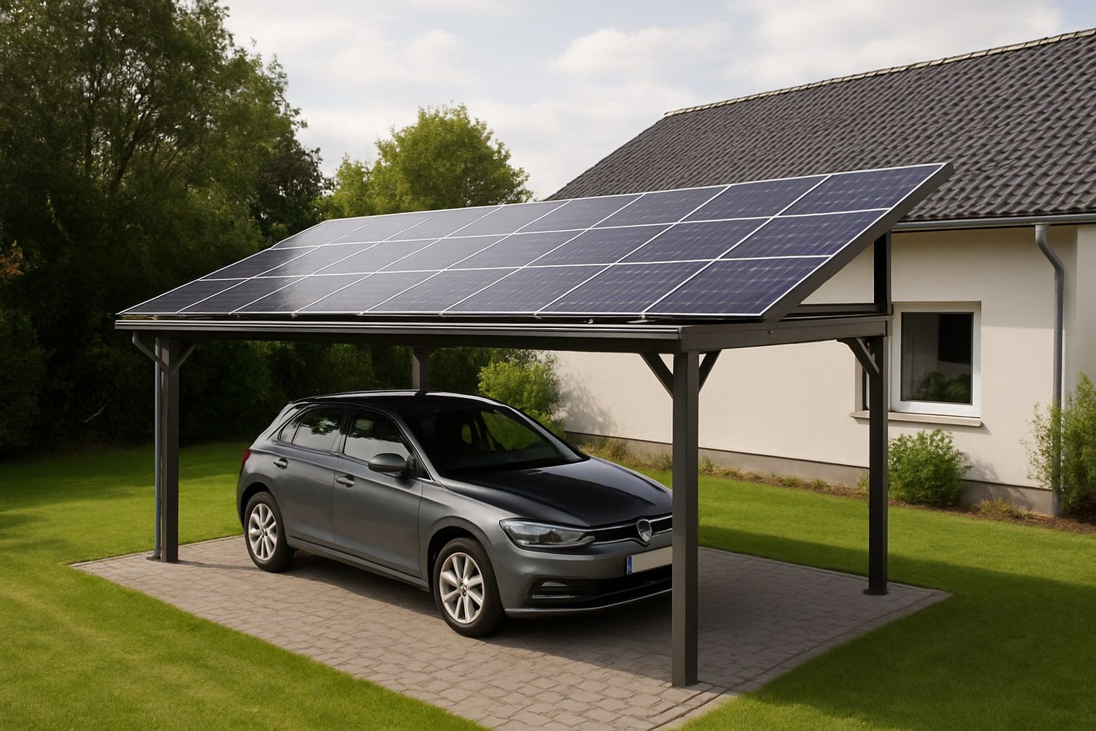 Photovoltaik Velbert: moderner Carport im Garten mit vollflächig belegtem Solardach über dem Auto