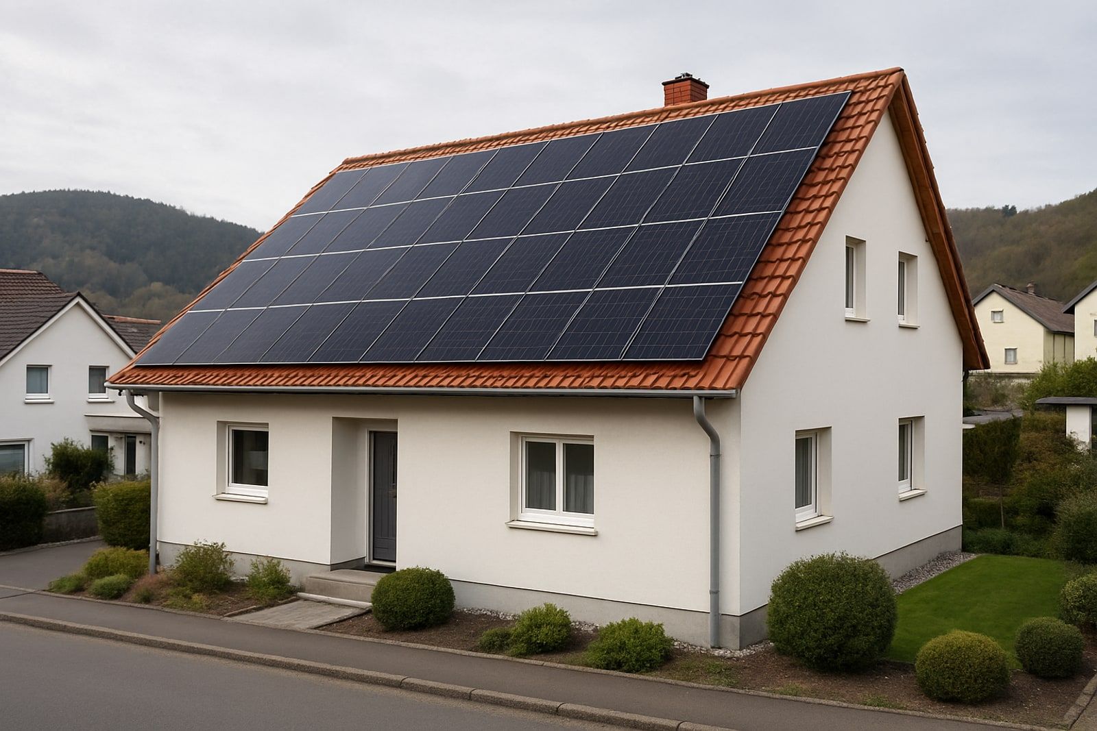 Photovoltaik Velbert: freistehendes Einfamilienhaus am Hang mit dunklen Solarmodulen auf dem roten Satteldach aus der Straßenperspektive