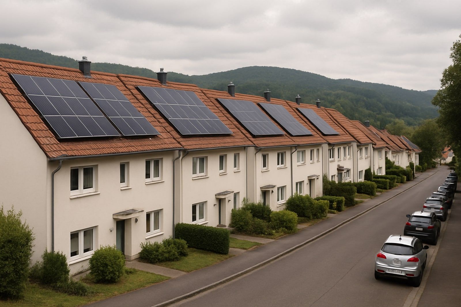 Photovoltaik Velbert: Reihenhauszeile in einem Wohngebiet mit Photovoltaikmodulen auf den Satteldächern