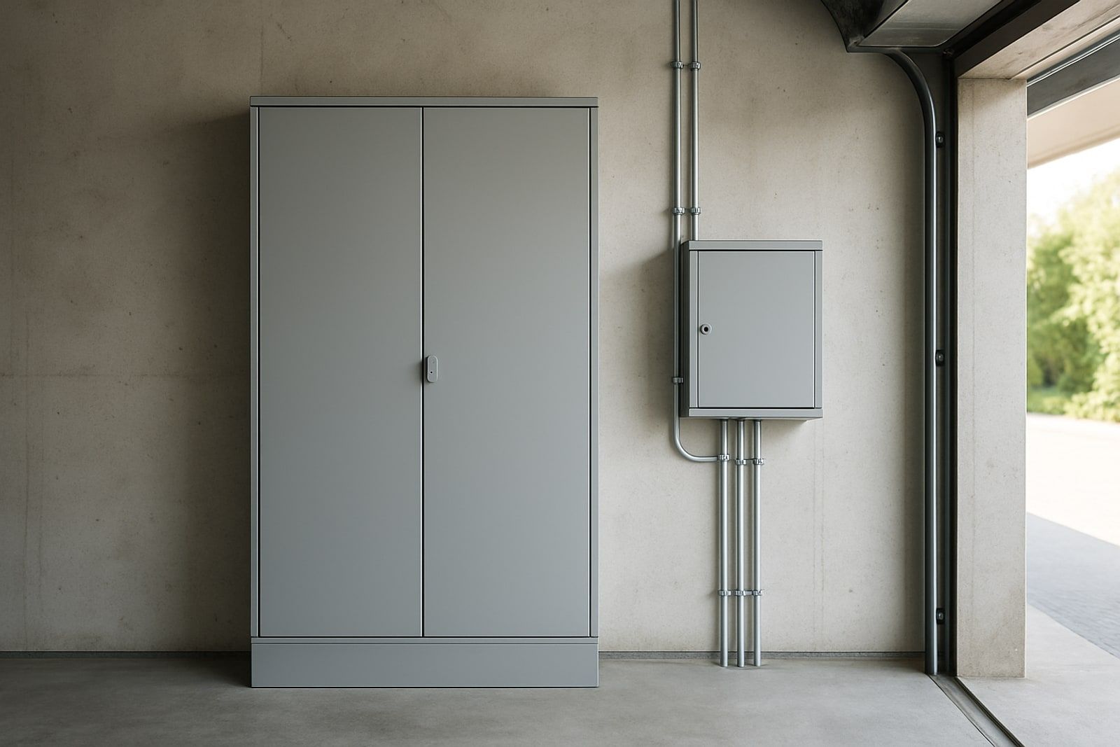 Photovoltaik Velbert: geschlossener Zählerschrank an einer Garagenwand als Hausanschluss für die Solaranlage