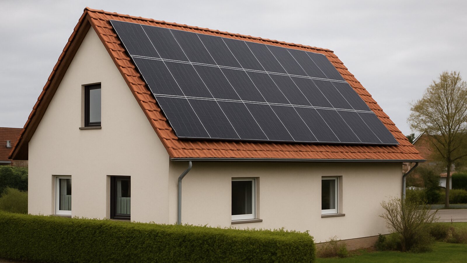 Photovoltaik Waltrop: fertige Anlage mit schwarzen Solarmodulen auf dem Satteldach eines verputzten Giebelhauses in einer ruhigen Kleinstadt