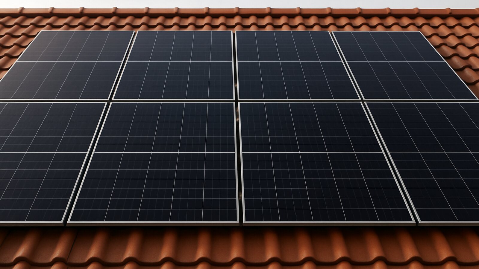 Photovoltaik Waltrop: Nahaufnahme einer fertig montierten Fläche schwarzer Solarmodule mit sauberen Fugen auf einem roten Ziegeldach