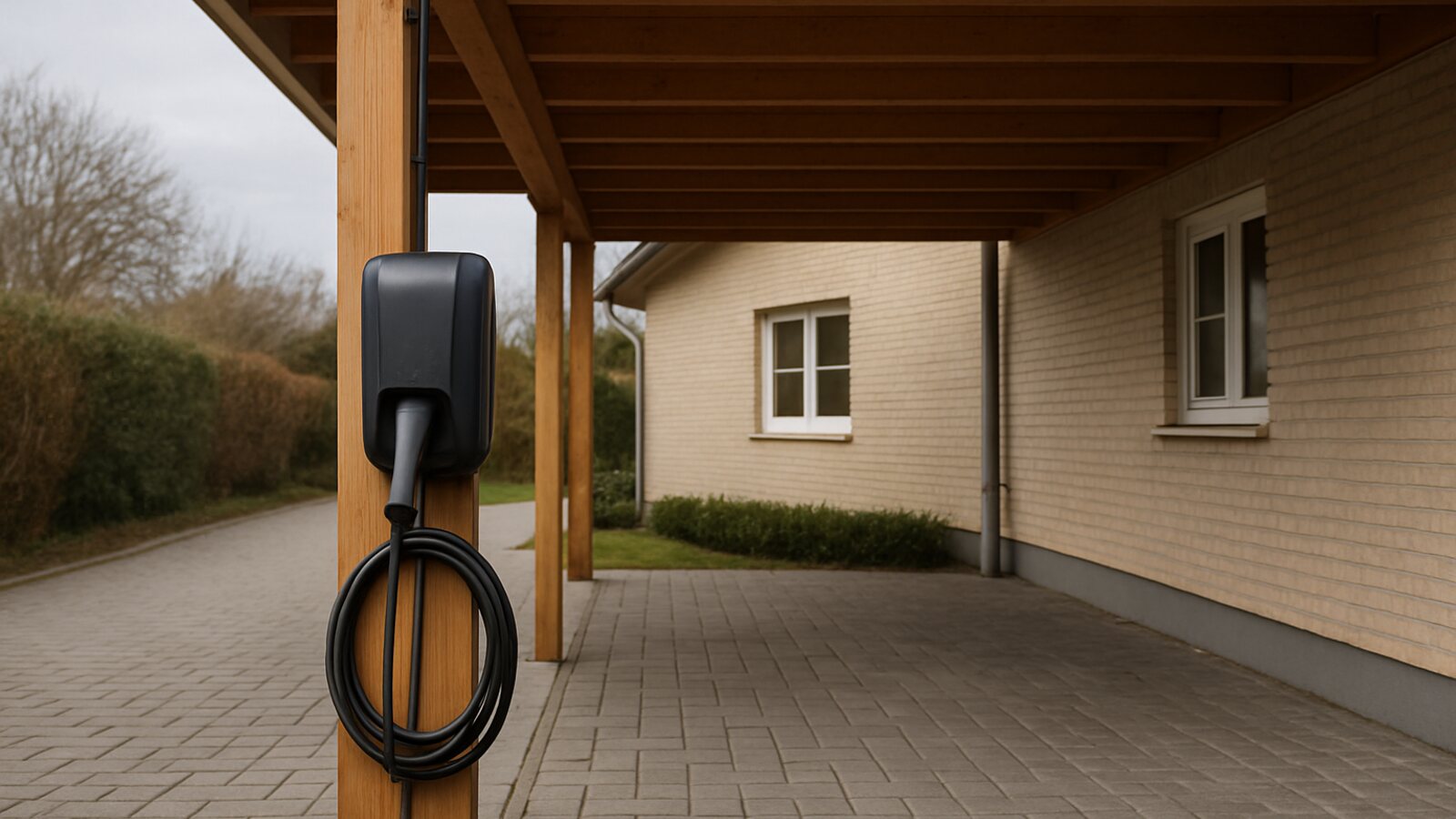 Photovoltaik Waltrop: schwarze Wallbox mit aufgehängtem Ladekabel an einem Holzpfosten unter einem offenen Carport an einer gepflasterten Einfahrt