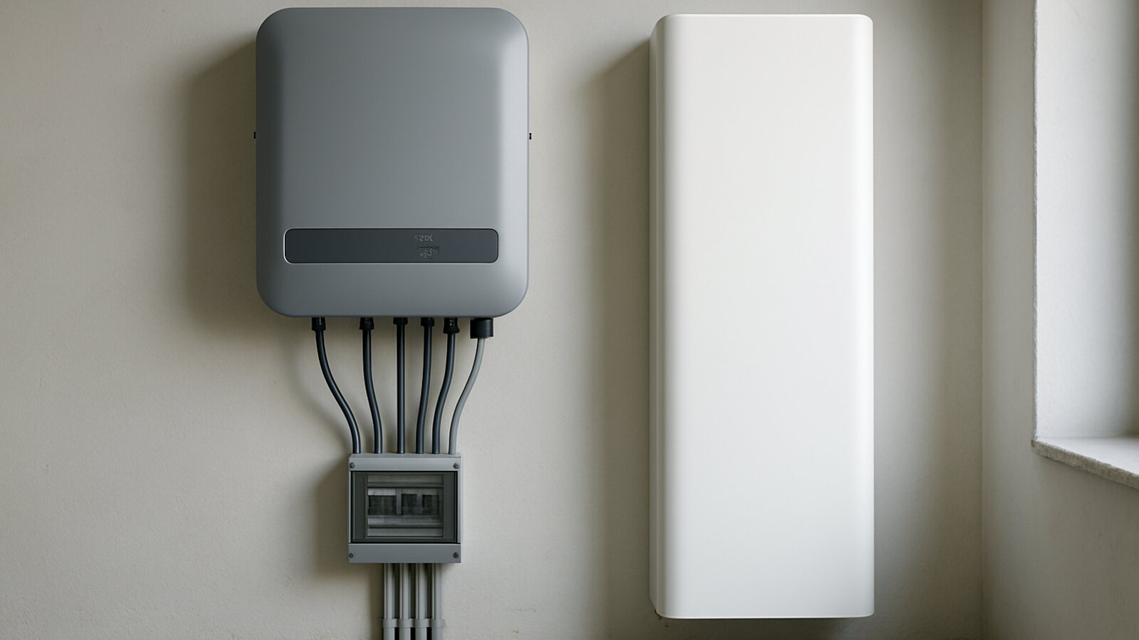 Photovoltaik Waltrop: grauer Wechselrichter und heller Batteriespeicher mit sauberer Verkabelung in einem hellen Technikraum
