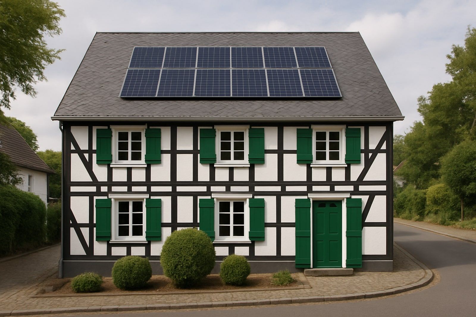 Photovoltaik Wermelskirchen: bergisches Fachwerkhaus mit grünen Läden und mittig gesetztem Modulfeld auf dem Schieferdach