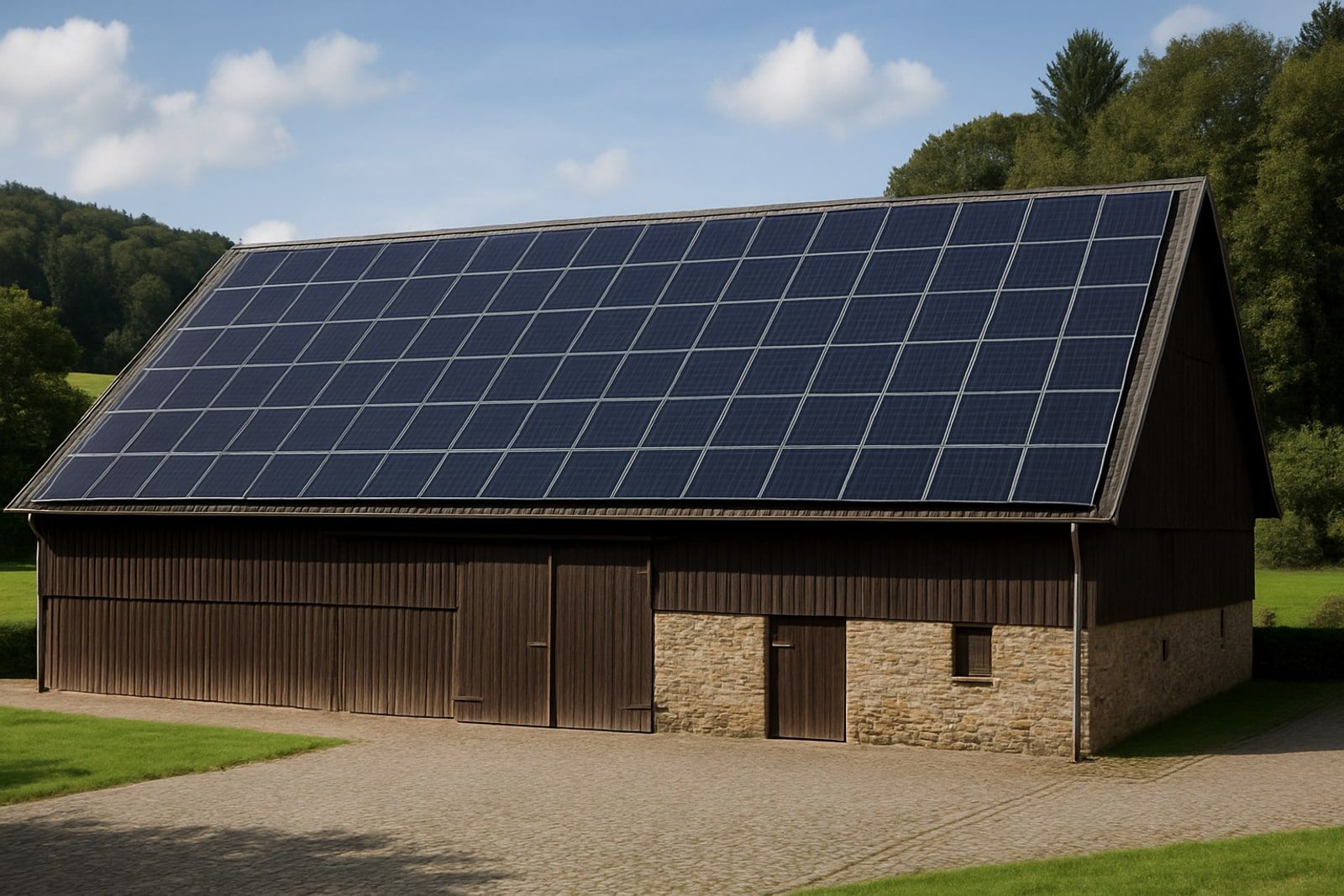 Photovoltaik Wermelskirchen: große Scheune mit vollflächig belegtem Solardach auf einer Hofanlage im Bergischen Land