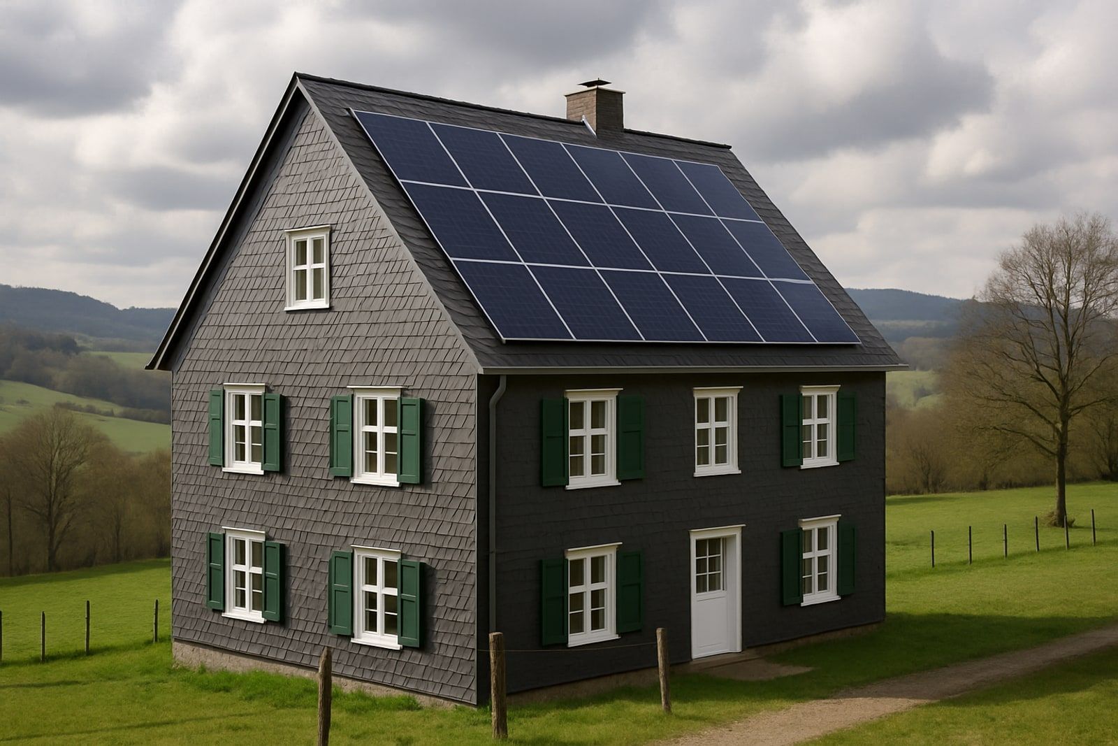Photovoltaik Wermelskirchen: verschiefertes bergisches Wohnhaus mit grünen Fensterläden und Solarmodulen auf dem Schieferdach in offener Höhenlage