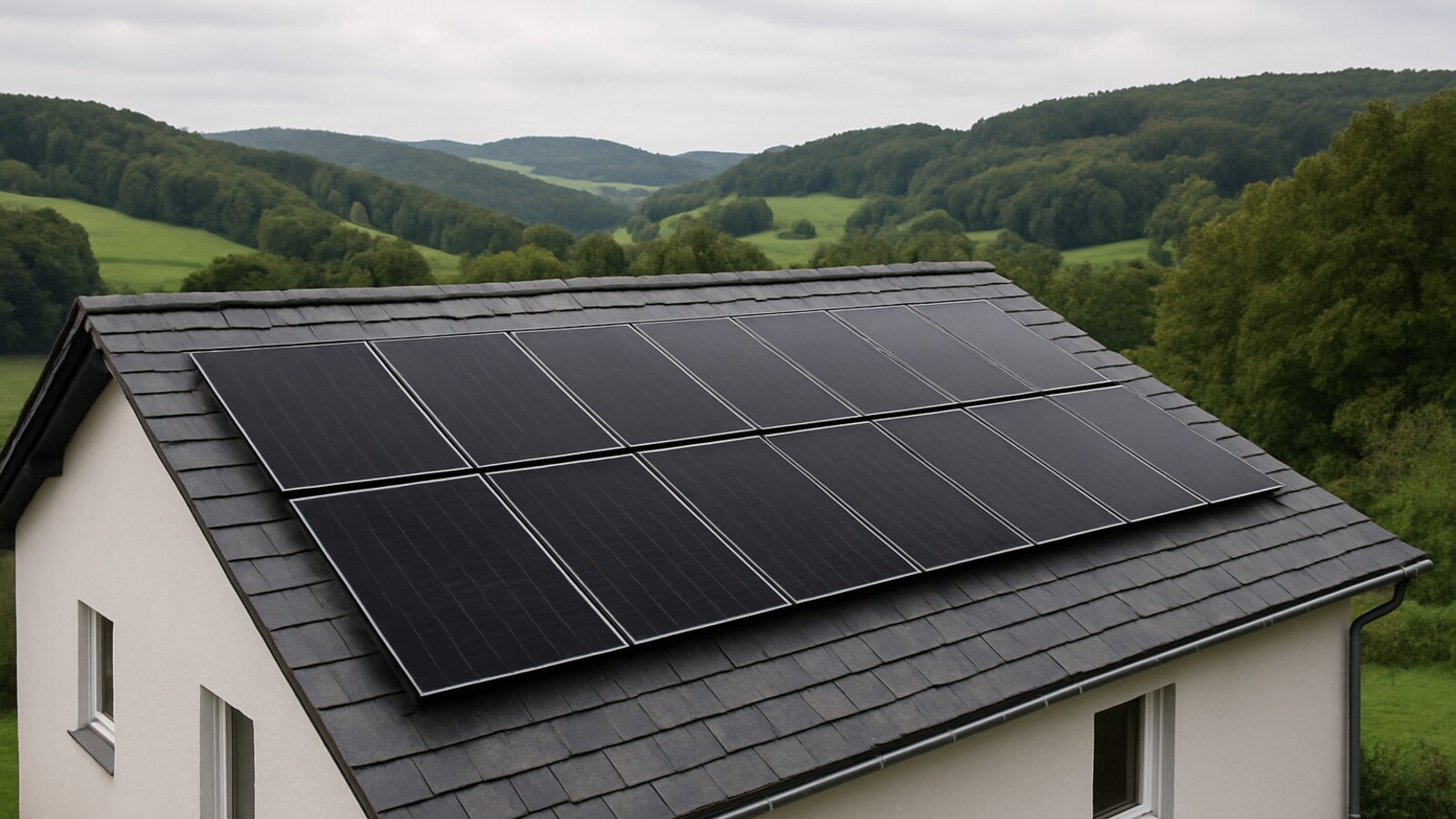 Photovoltaik Wipperfürth: fertige Anlage mit schwarzen Solarmodulen in geraden Reihen auf einem grauen Schieferdach in bergischer Höhenlage