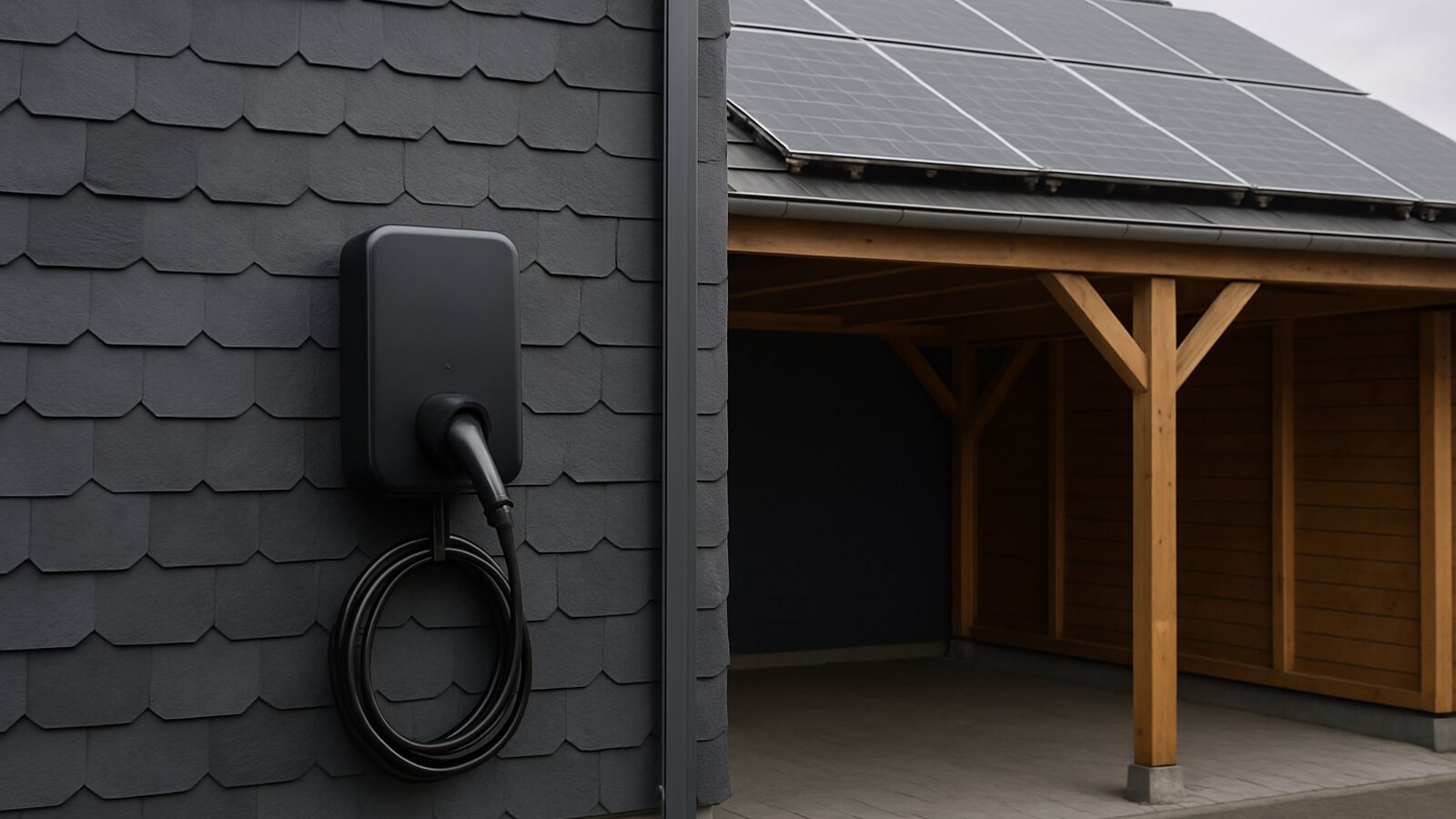 Photovoltaik Wipperfürth: schwarze Wallbox mit Ladekabel an einer verschieferten Hauswand neben einem Carport