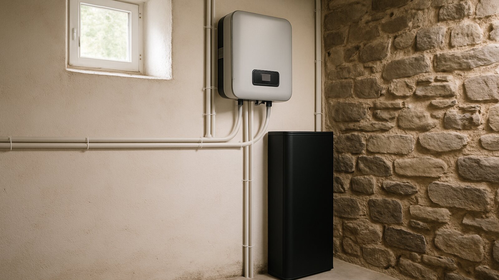 Photovoltaik Wipperfürth: Wand-Wechselrichter und schwarzer Batteriespeicher mit sauberen Kabelkanälen im Keller eines alten Bruchsteinhauses