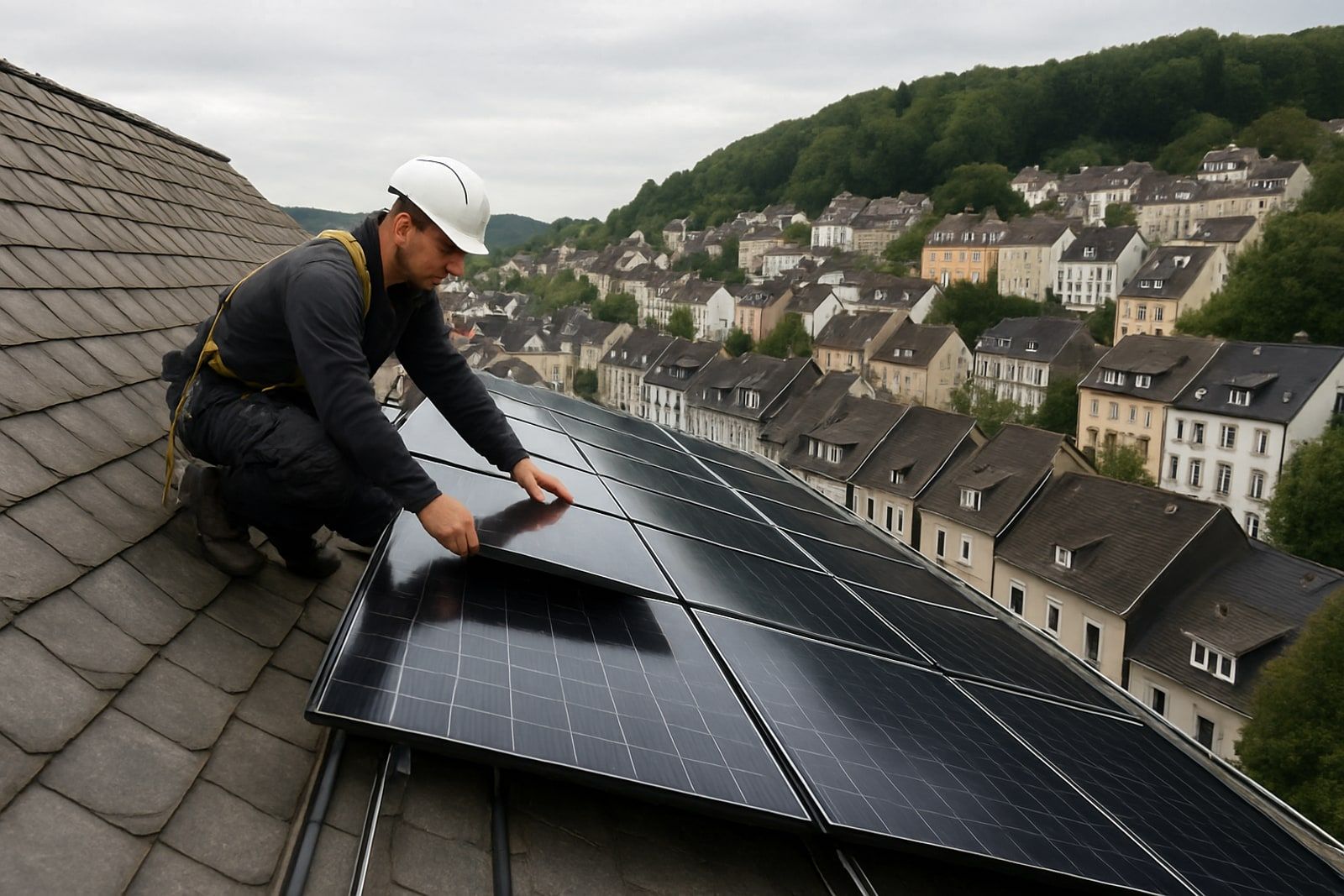 Photovoltaik Wuppertal: Monteur montiert dunkle Solarmodule auf einem steilen Schieferdach eines Stadthauses in Hanglage