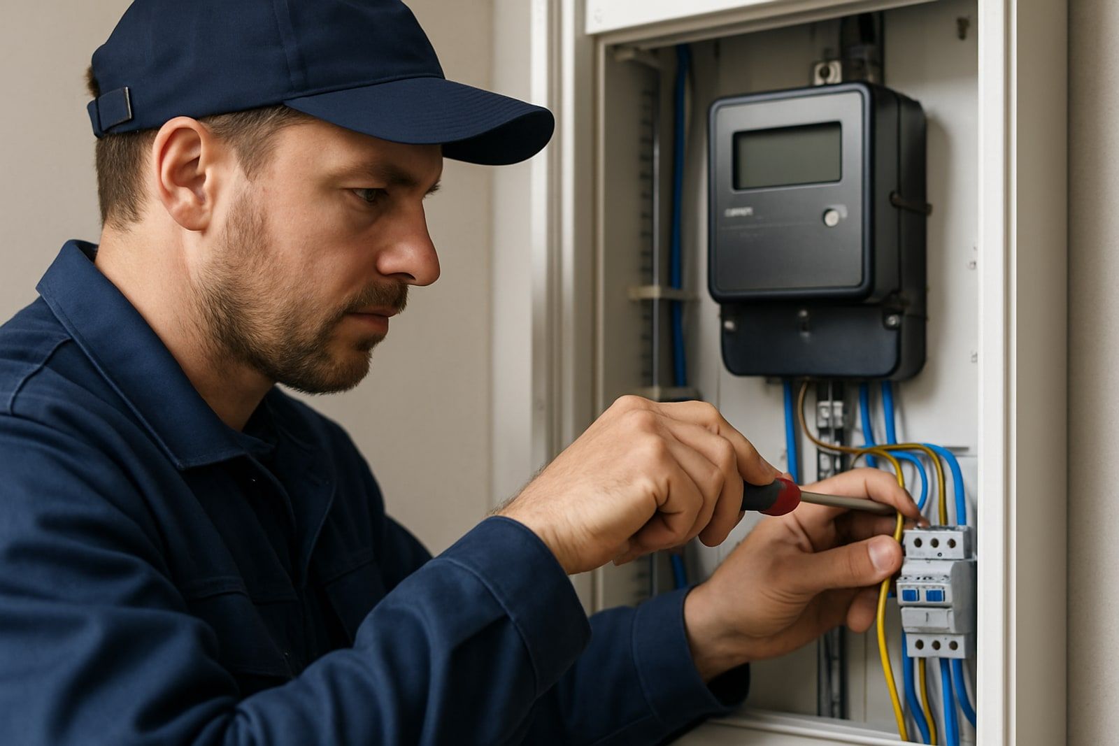 Photovoltaik Wuppertal: Elektriker schliesst eine Leitung am Zaehlerschrank mit Zweirichtungszaehler an
