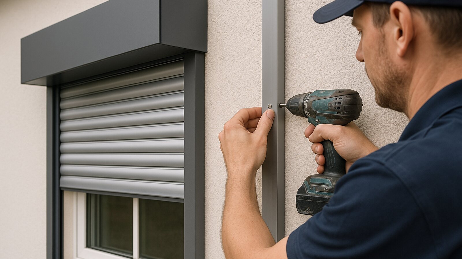 Monteur montiert einen Aluminium-Vorbaurollladen mit Kasten über einem Fenster an der Hausfassade und richtet die Führungsschienen aus