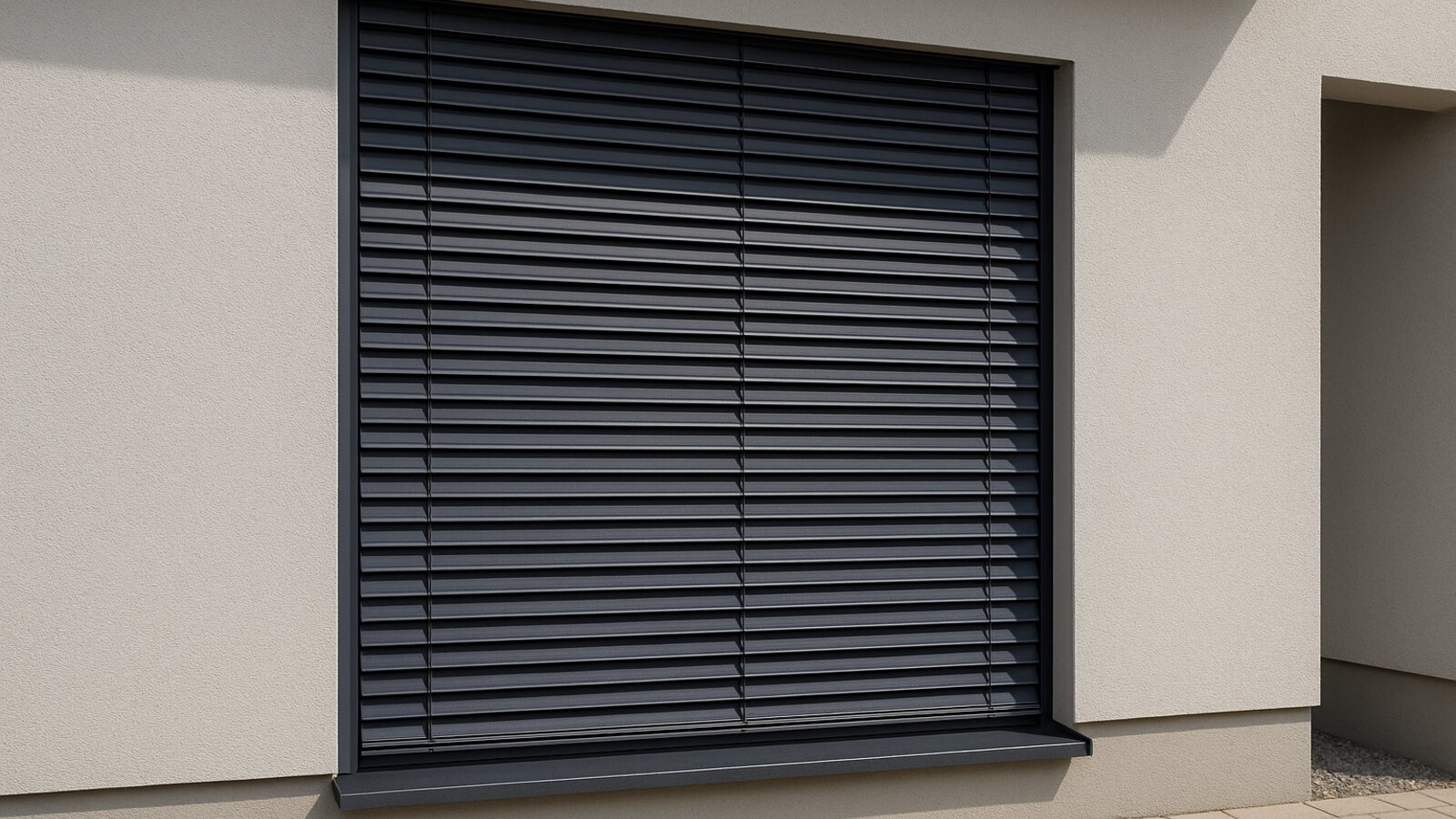 Außenjalousie mit verstellbaren Aluminium-Lamellen (Raffstore) an einer modernen Hausfassade, teils heruntergelassen