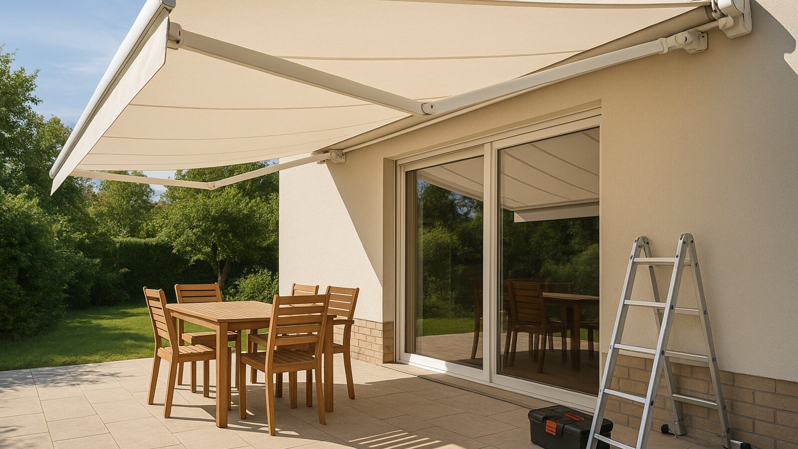 Ausgefahrene Gelenkarm-Markise mit hellem Tuch über einer Terrasse an einem Wohnhaus