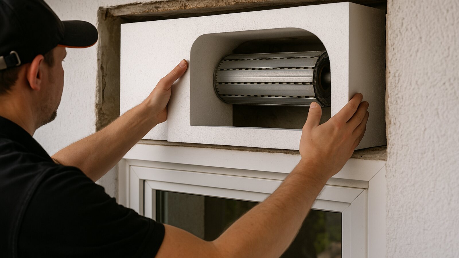 Monteur setzt eine Dämmschale zur Kastendämmung in einen geöffneten alten Rollladenkasten über dem Fenster ein