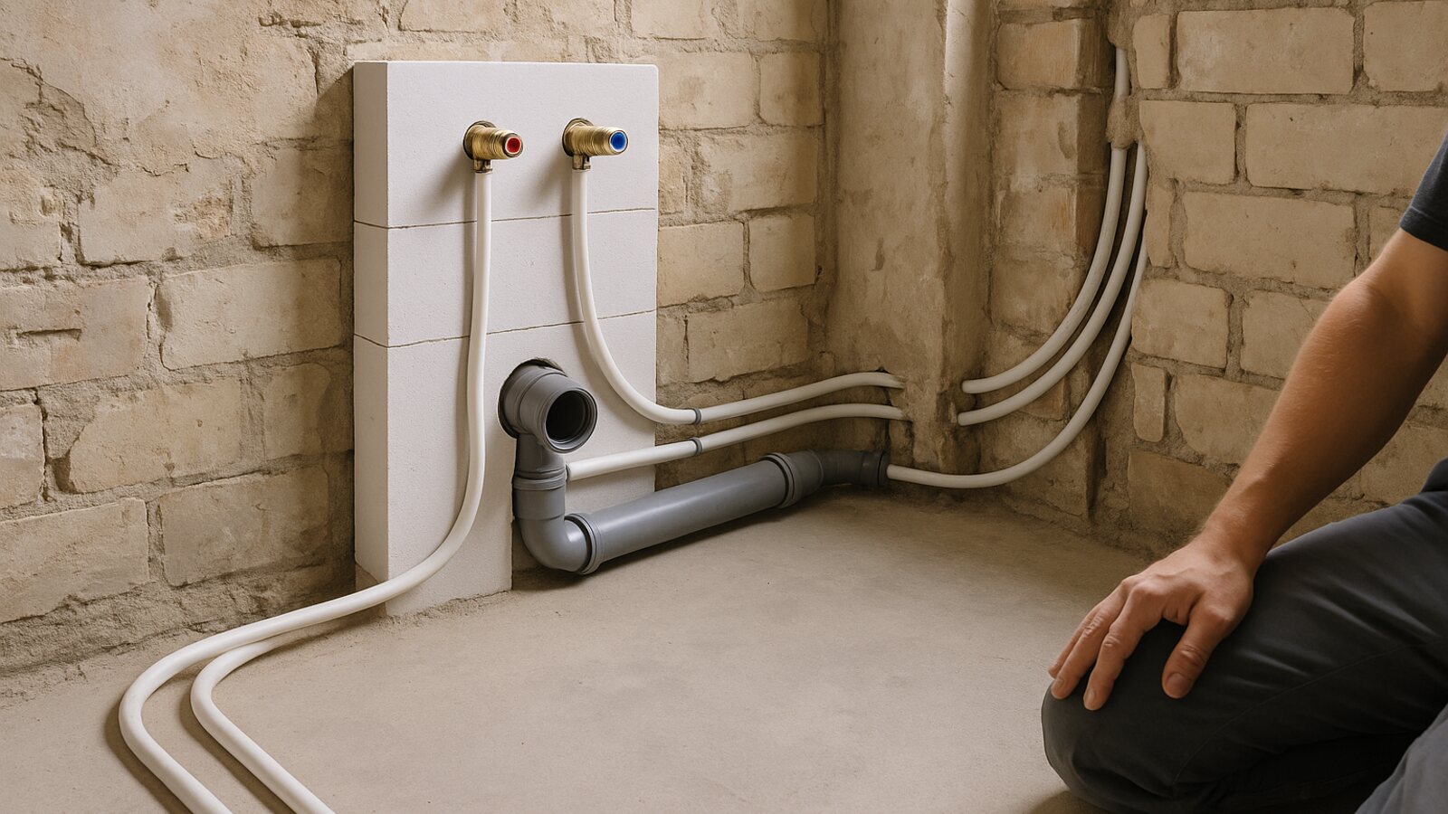 Sanitärbaustein mit verlegten Verbundrohren und HT-Abflussrohr im Rohbau eines Badezimmers