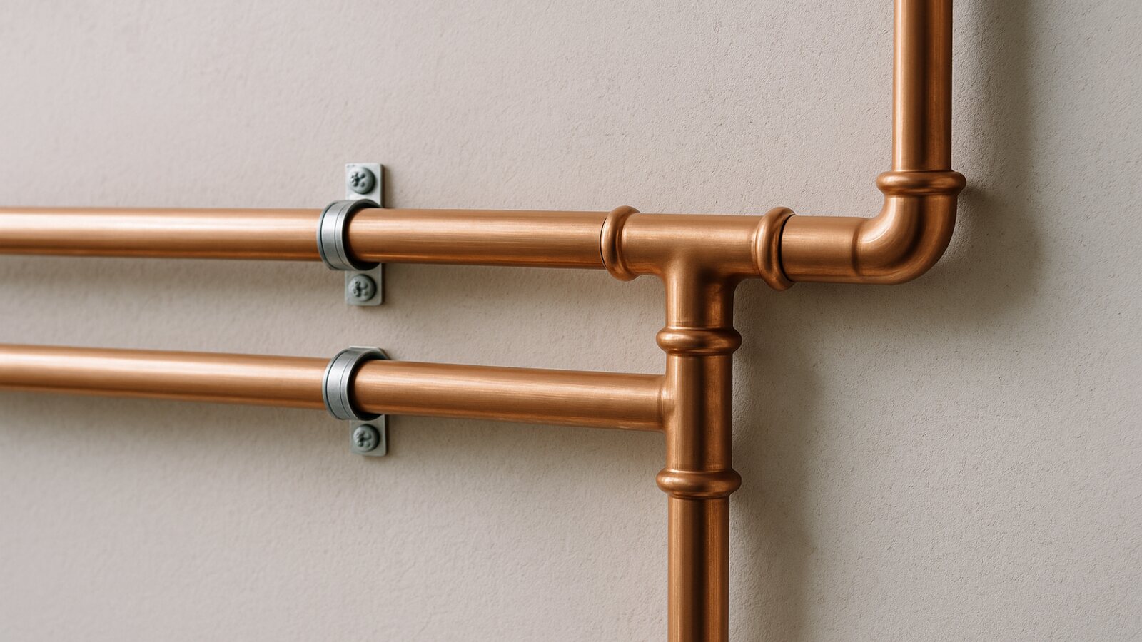 Trinkwasserleitung aus Kupfer mit Bogen und T-Stück in Pressfitting-Technik an der Wand