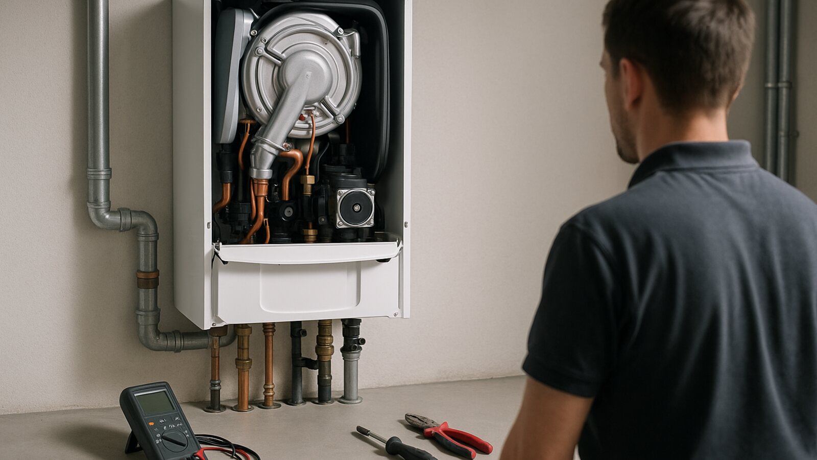 Geöffnete Gastherme mit sichtbarem Wärmetauscher und bereitliegendem Prüfwerkzeug