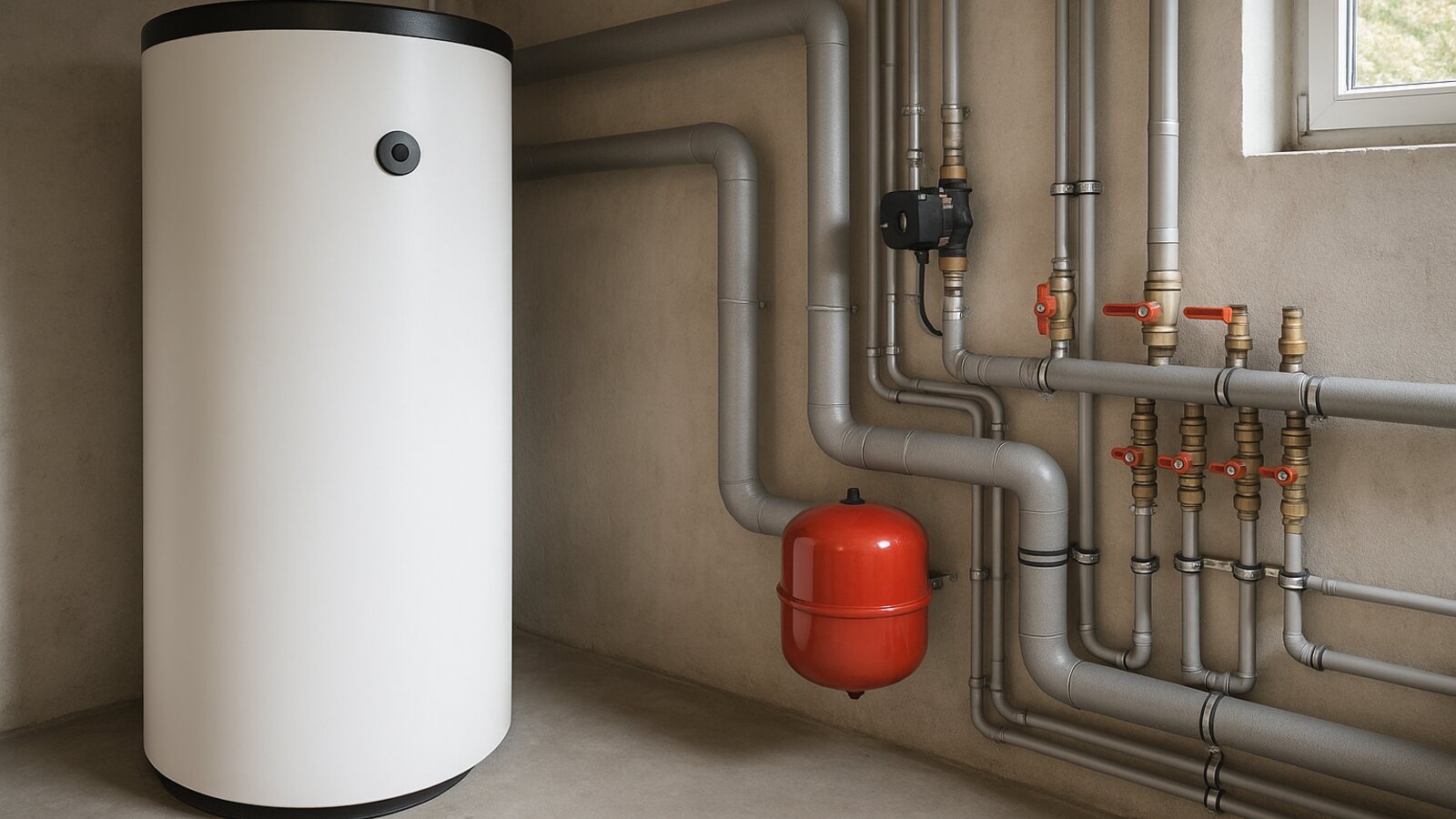 Heizungskeller mit weißem Warmwasserspeicher und sauber gedämmter Vor- und Rücklaufverrohrung