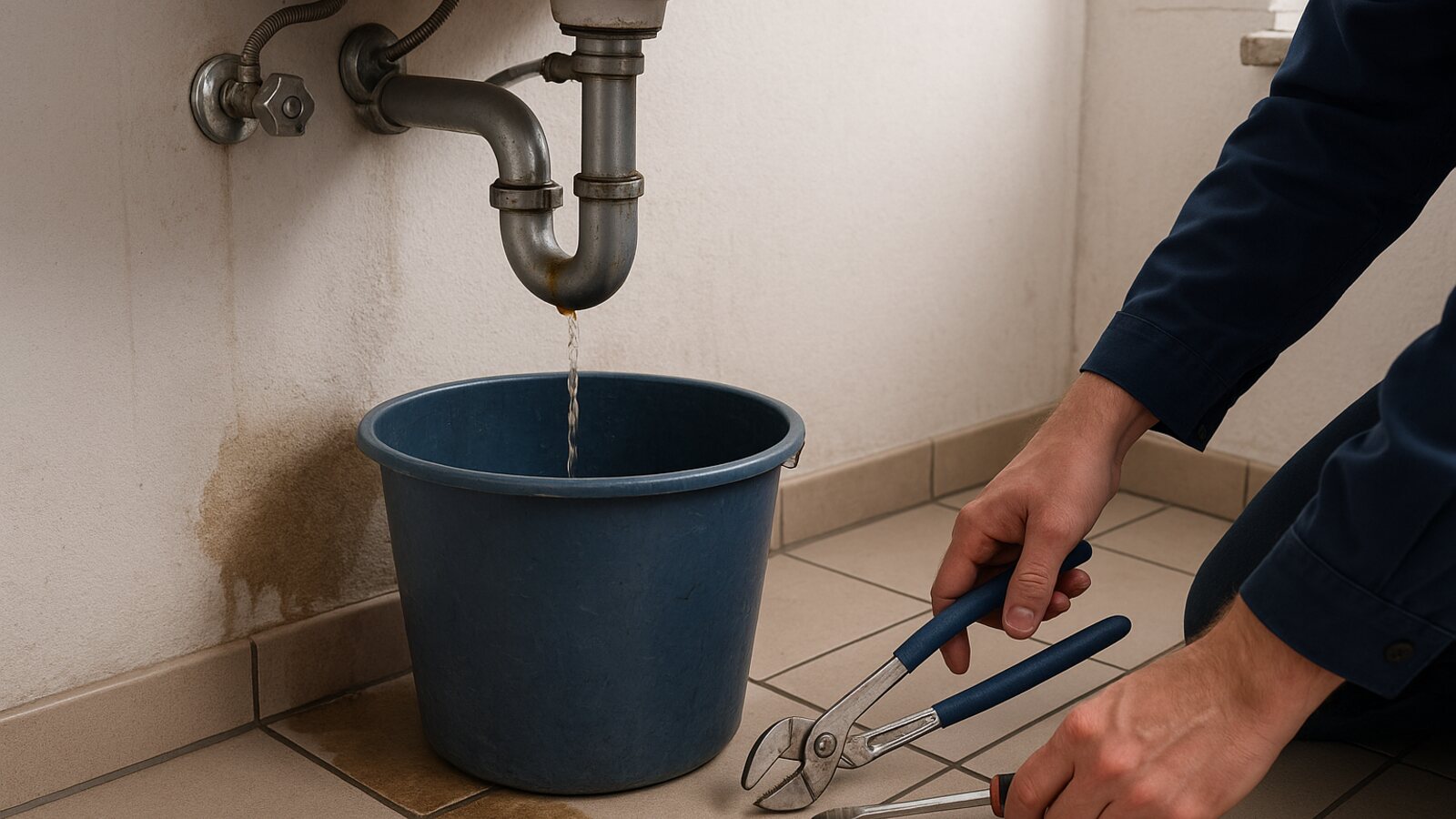 Notdienst bei einem Wasserrohrbruch mit undichter Stelle, aufgestelltem Eimer und abgesperrtem Eckventil