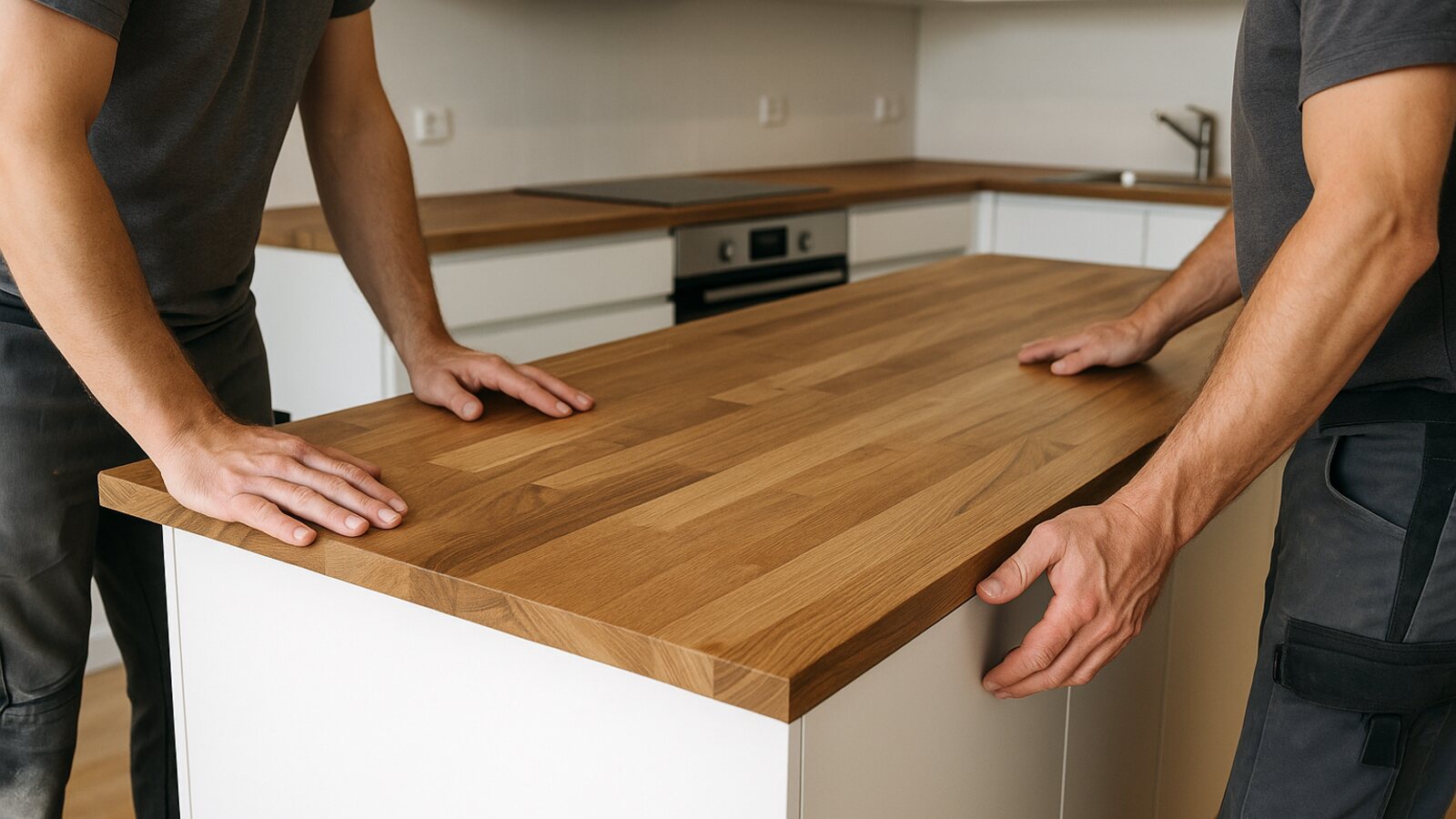 Massive Holz-Arbeitsplatte wird auf die Küchenunterschränke aufgelegt und eingepasst