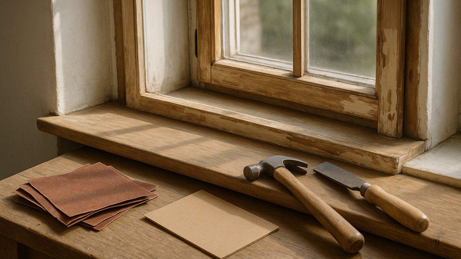 Altes Holzfenster mit Fensterbank wird abgeschliffen und repariert