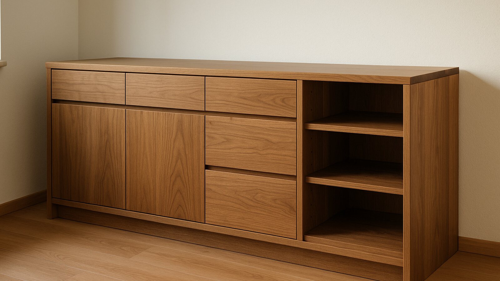 Maßgefertigtes Holz-Sideboard mit sichtbarer Maserung an einer Wohnungswand