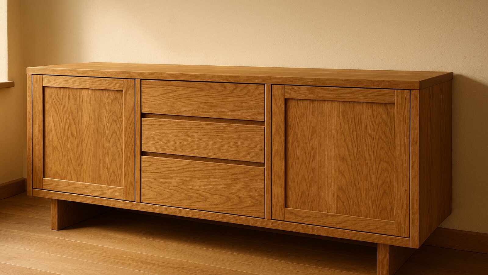 Massgefertigtes Holz-Sideboard mit sichtbarer Maserung an der Wand