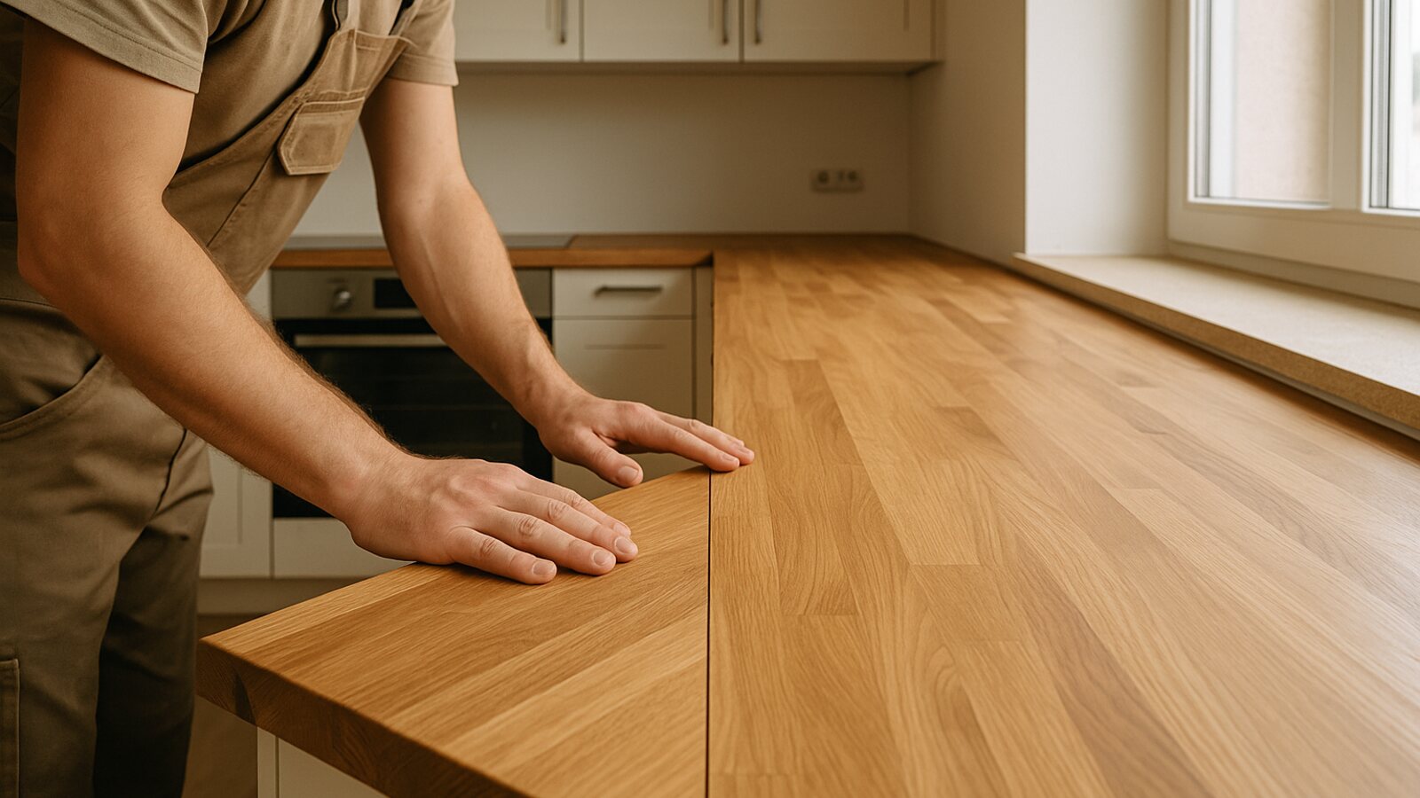 Kueche nach Mass mit massiver Holz-Arbeitsplatte wird eingepasst