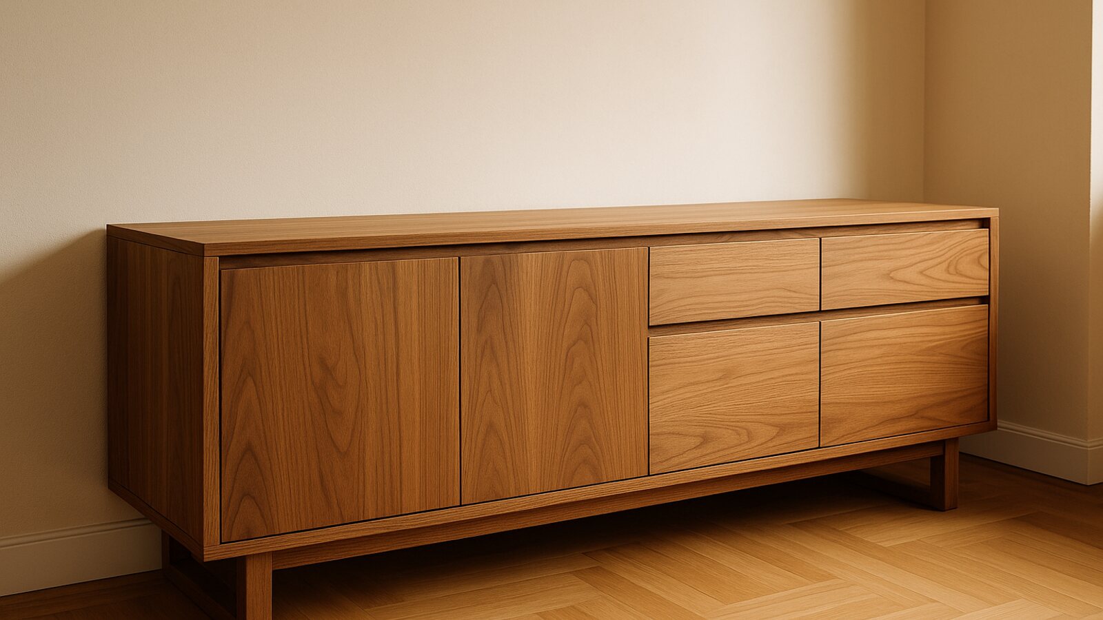 Massgefertigtes Holz-Sideboard mit sichtbarer Maserung an der Wand