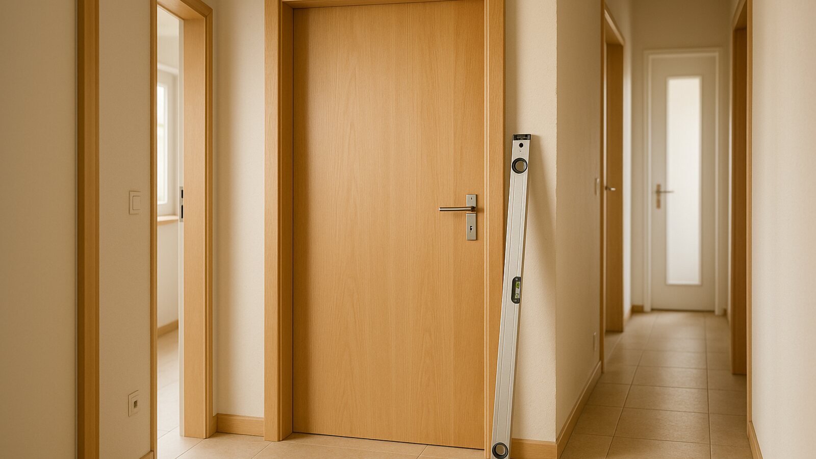 Neue Innentuer mit Holzzarge wird gesetzt und lotrecht ausgerichtet