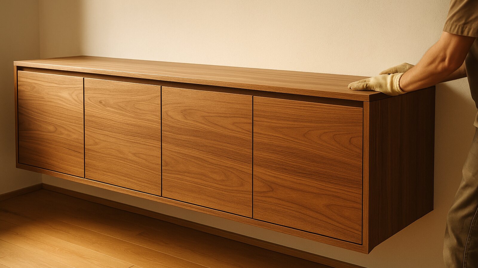 Massgefertigtes Holz-Sideboard mit sichtbarer Maserung an der Wand