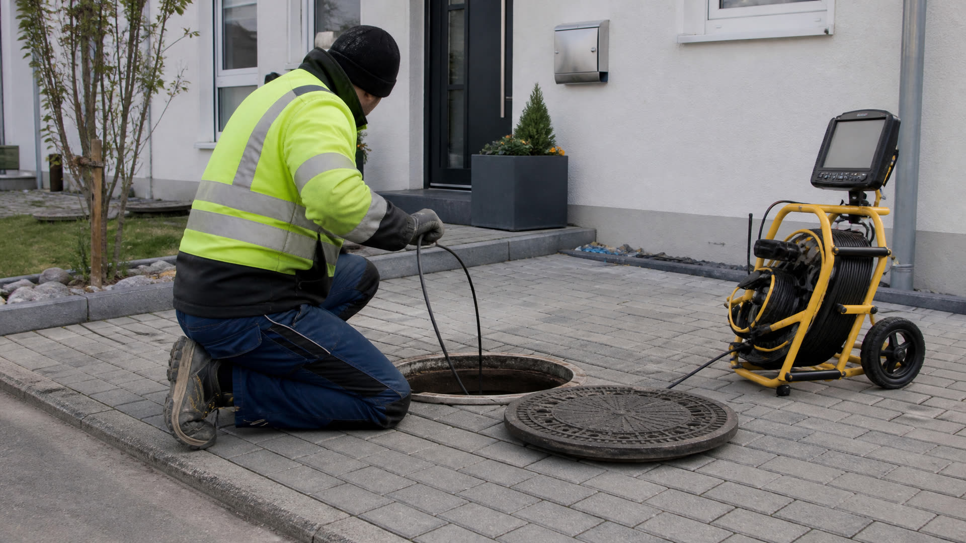 Techniker in Warnweste führt an einem geöffneten Revisionsschacht vor einem Wohnhaus das Reinigungsgerät in die Abwasserleitung ein