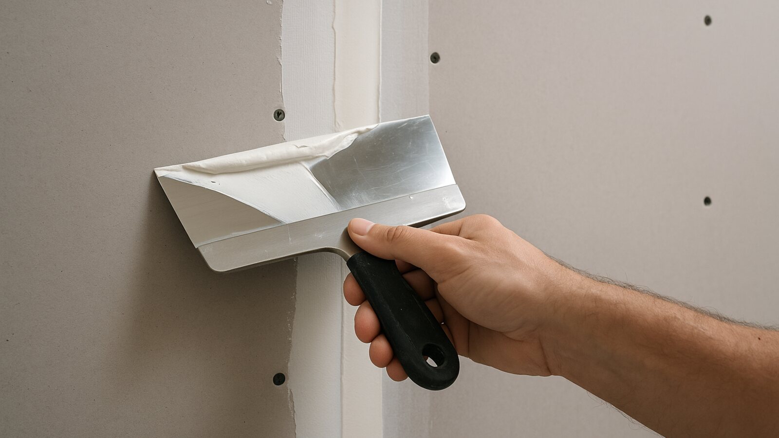 Trockenbauer verspachtelt die Fuge zwischen zwei Gipsplatten mit einer Glättkelle und einem eingelegten Bewehrungsstreifen