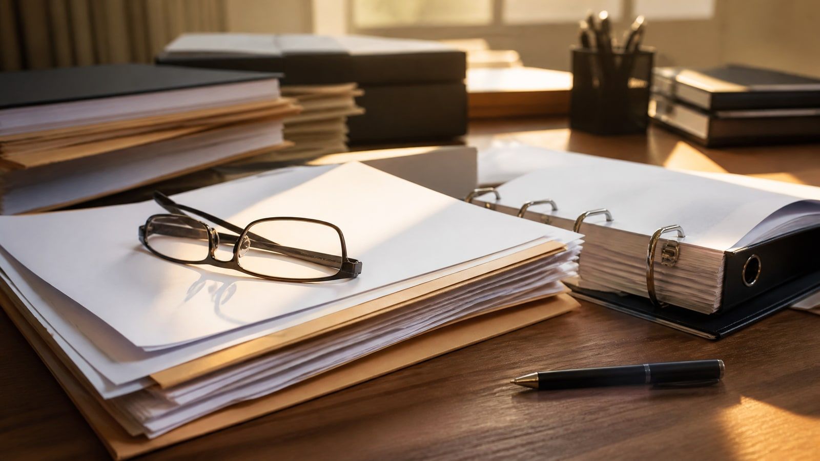 Aufgeschlagener Aktenordner mit Unterlagen, Lesebrille und Stift auf einem Schreibtisch