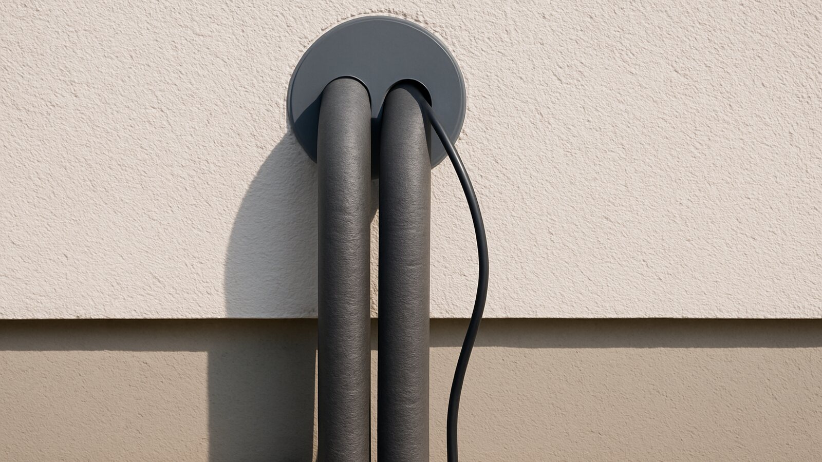 Gedämmte Heizungsleitungen und ein Anschlusskabel in einer abgedichteten Wanddurchführung zur Wärmepumpen-Außeneinheit