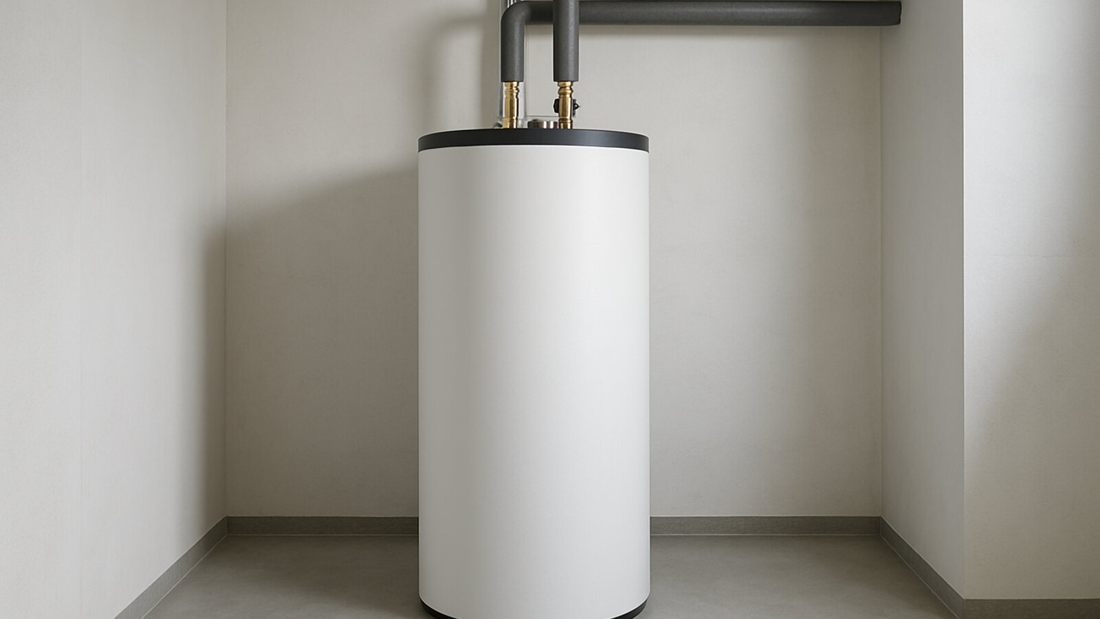 Weißer Speicher einer Wärmepumpenanlage mit gedämmten Anschlussleitungen in einem Technikraum