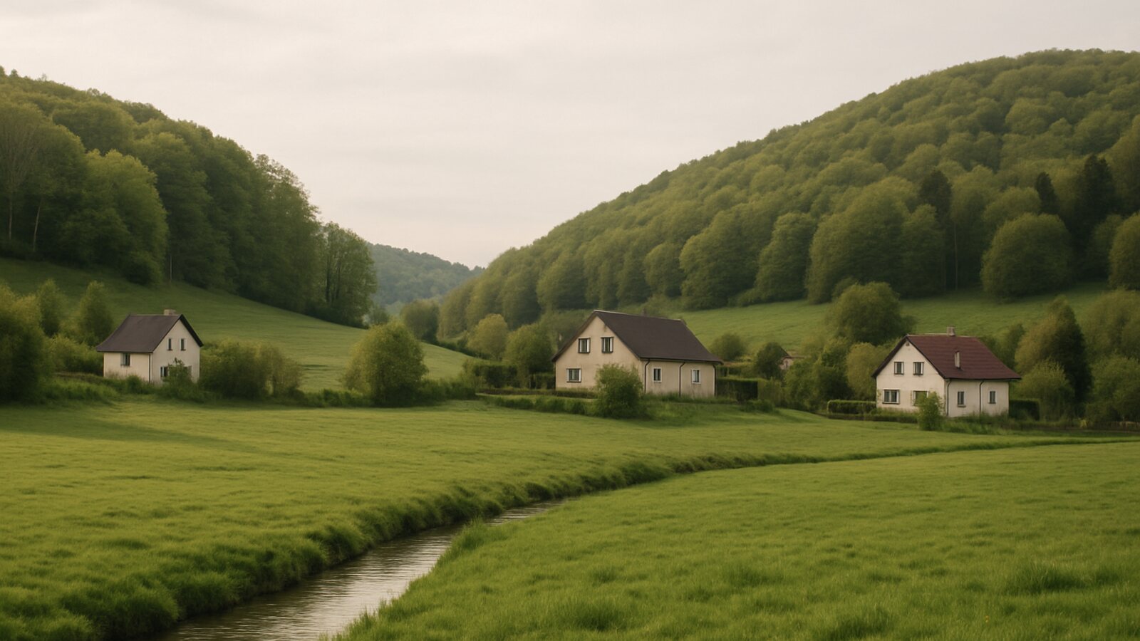 Wärmepumpe Bergisch Gladbach: hügelige Landschaft vom Strundetal zu den bewaldeten Höhen des Königsforsts